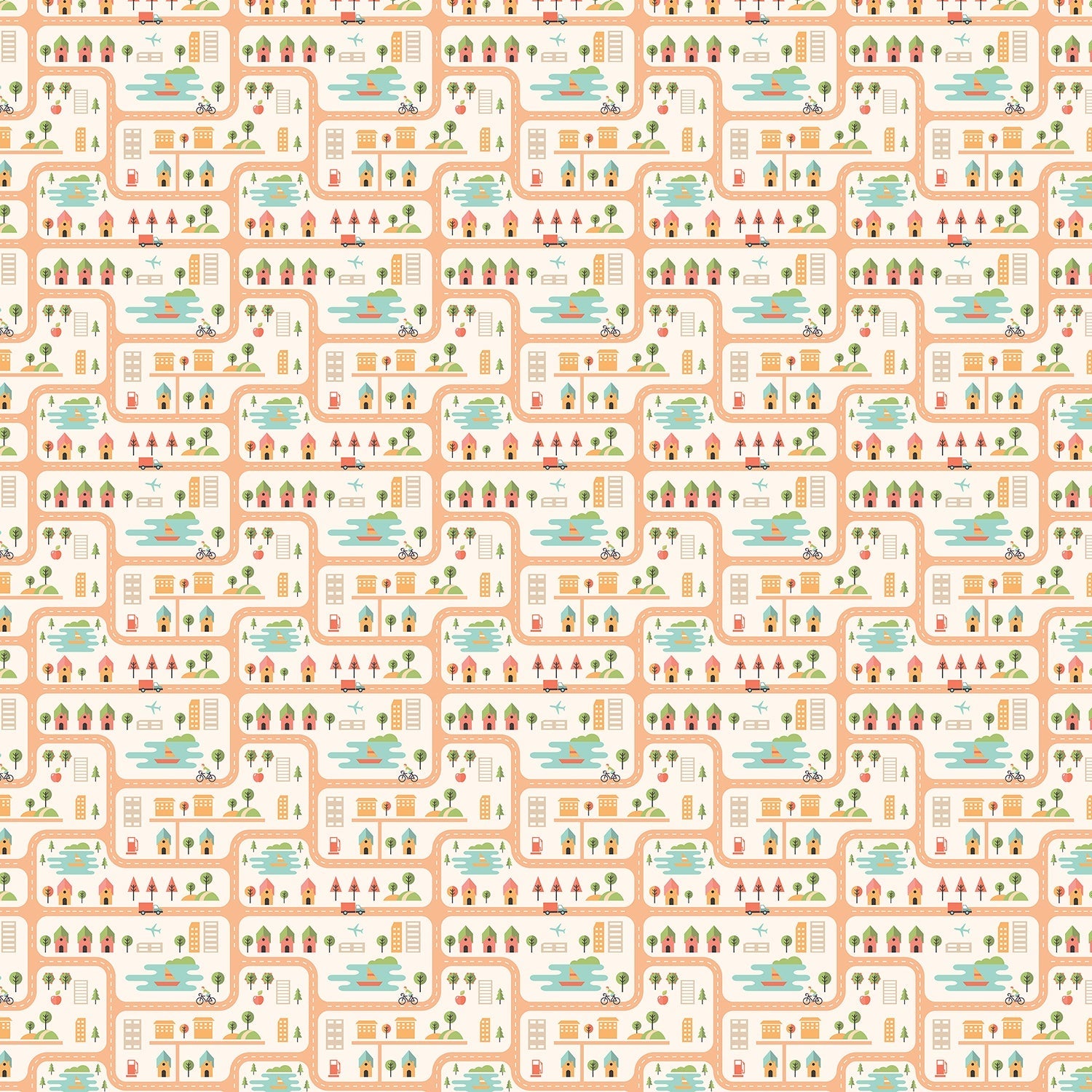 Whimsical peach townhouses with trees and gardens in repeating geometric nursery pattern - view 2 - final