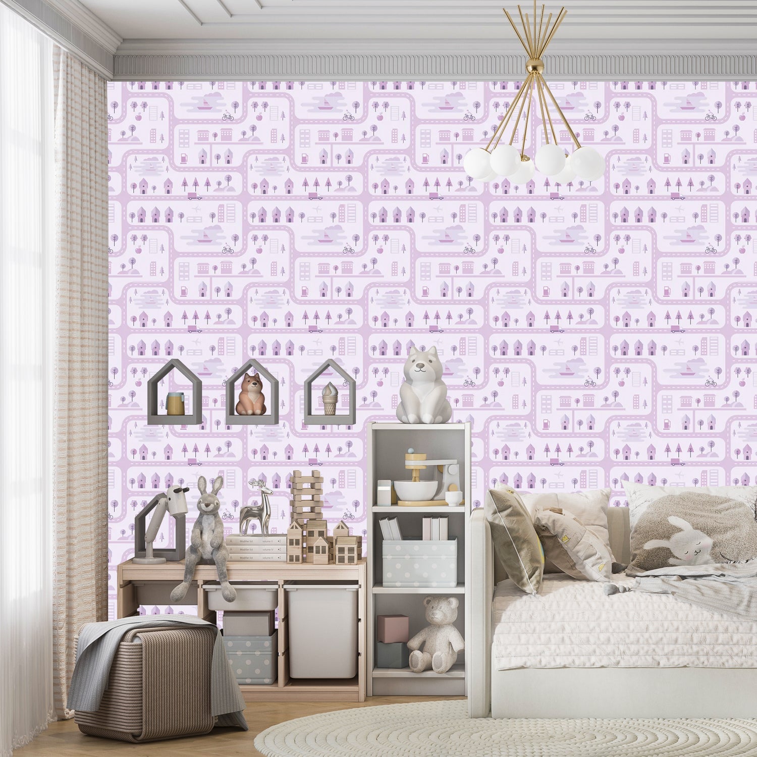 Whimsical peach townhouses with trees and gardens in repeating geometric nursery pattern - view 20 - final