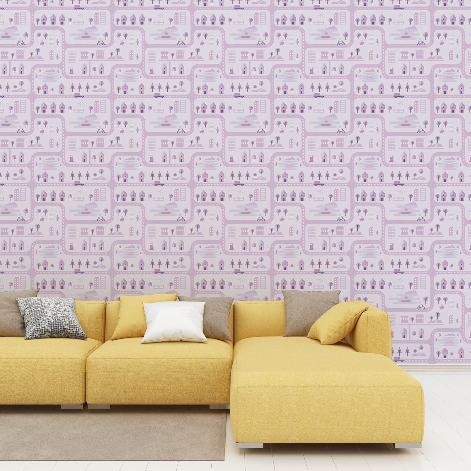 Whimsical peach townhouses with trees and gardens in repeating geometric nursery pattern - view 22 - final