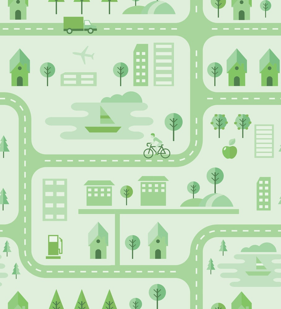 Whimsical peach townhouses with trees and gardens in repeating geometric nursery pattern - view 24 - repeat-small - final