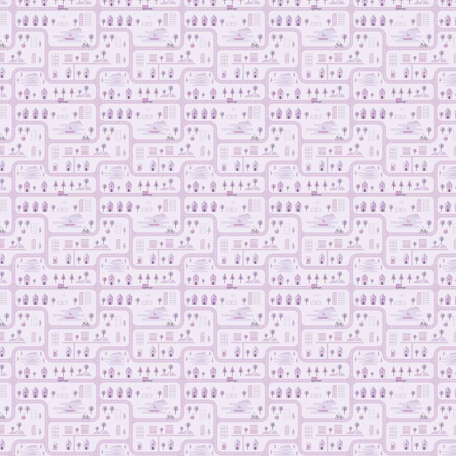 Whimsical peach townhouses with trees and gardens in repeating geometric nursery pattern - view 25 - final