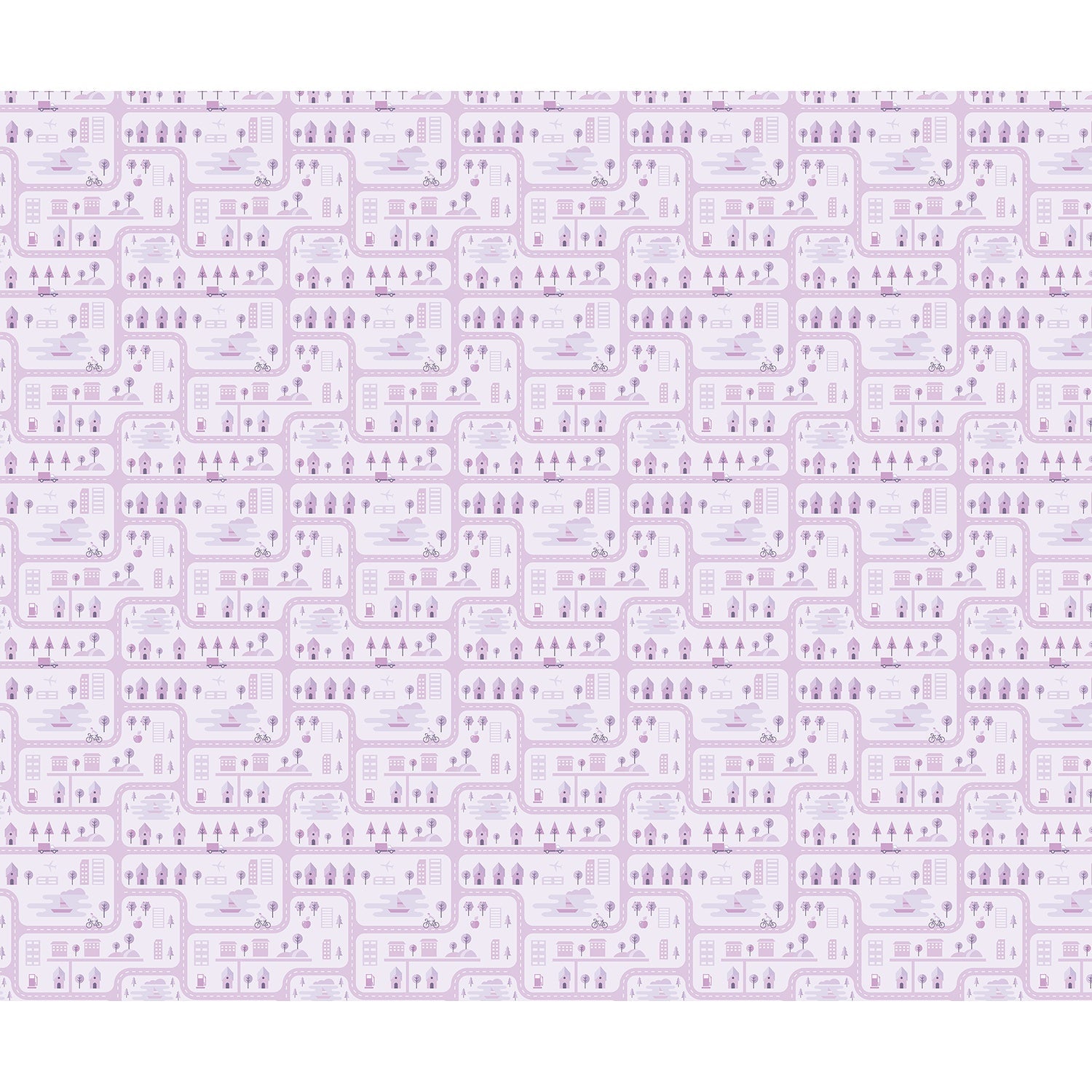 repeat-full-square Whimsical peach townhouses with trees and gardens in repeating geometric nursery pattern - view 26 - final