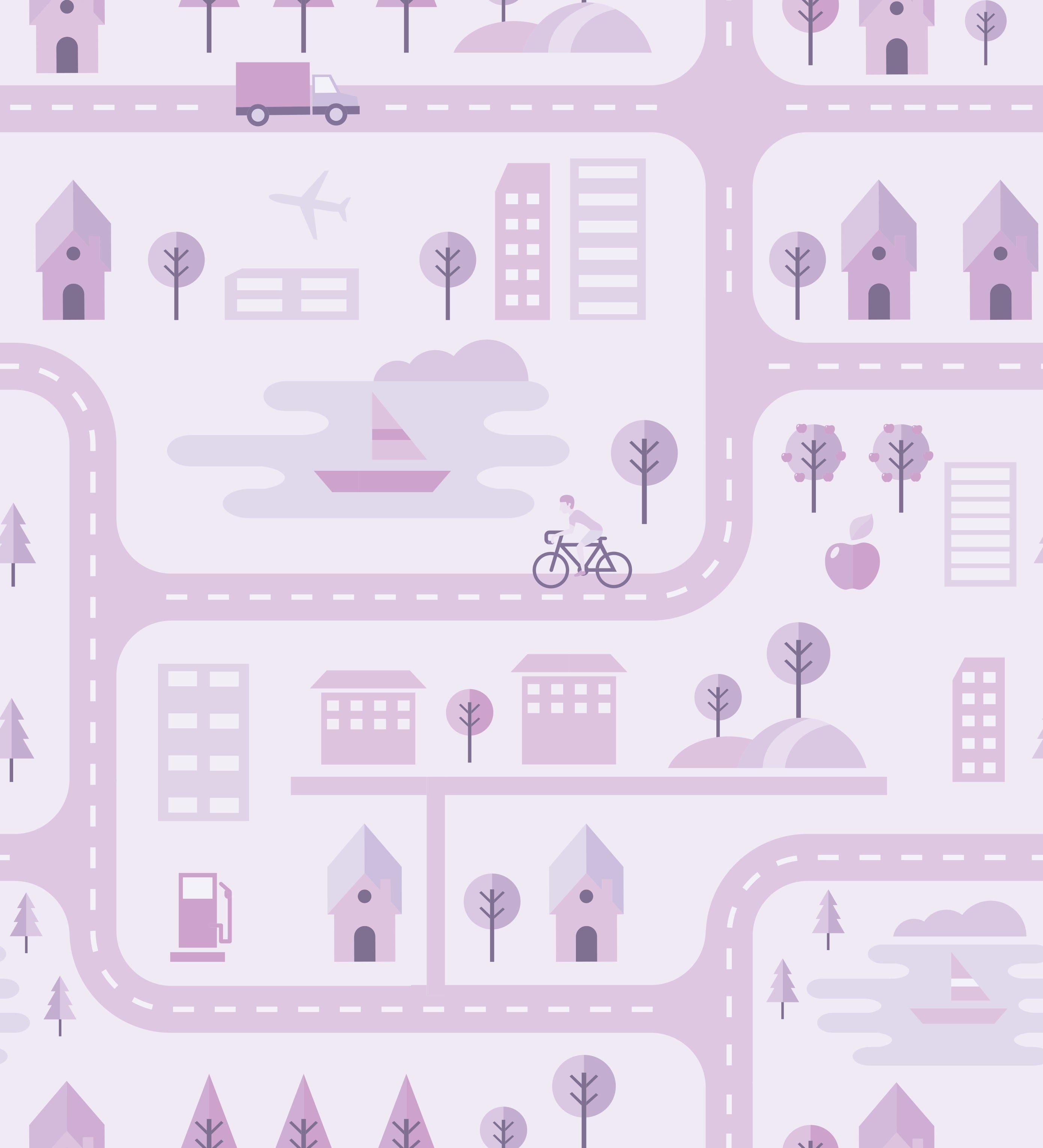 Whimsical peach townhouses with trees and gardens in repeating geometric nursery pattern - view 27 - repeat-original - final