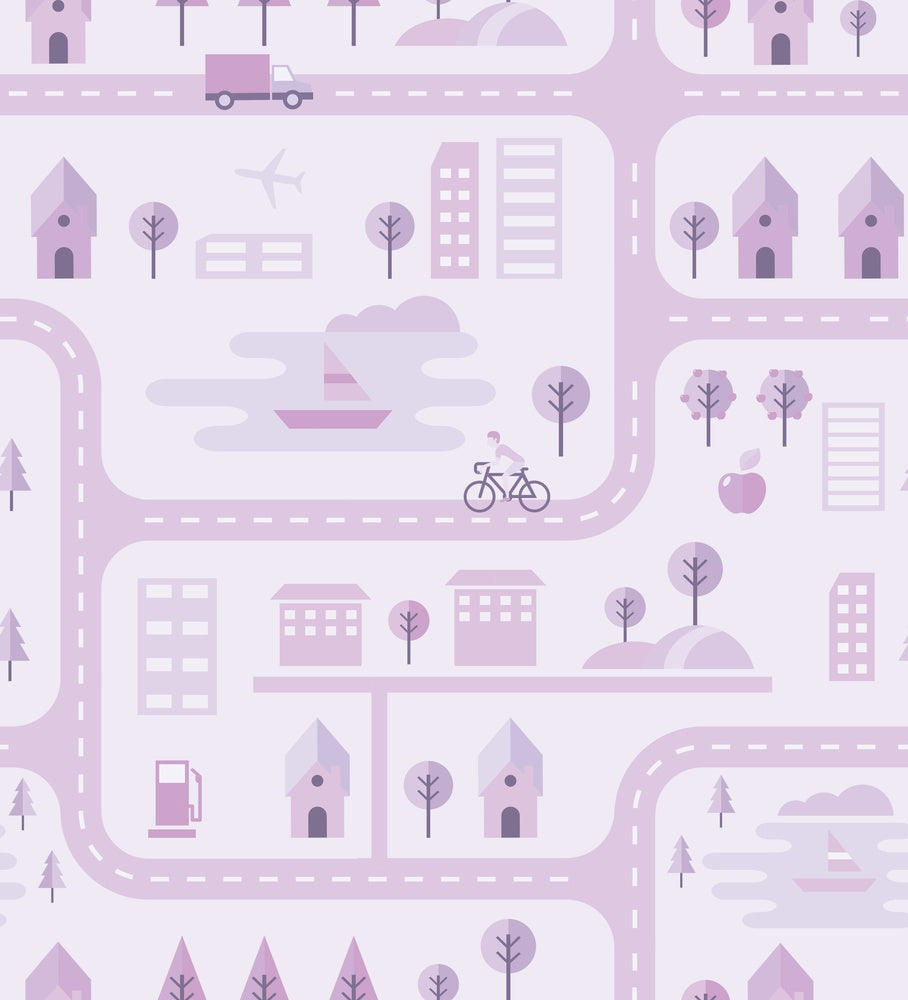 Whimsical peach townhouses with trees and gardens in repeating geometric nursery pattern - view 28 - repeat-small - final