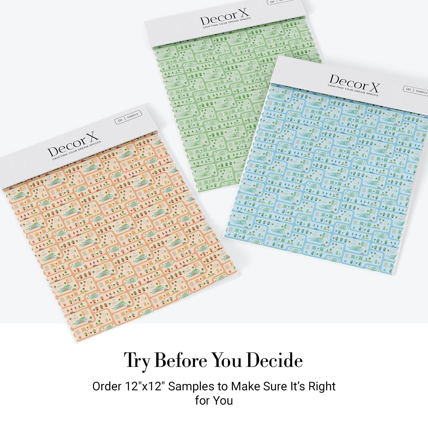 Whimsical peach townhouses with trees and gardens in repeating geometric nursery pattern - view 29 - final all-groups samples