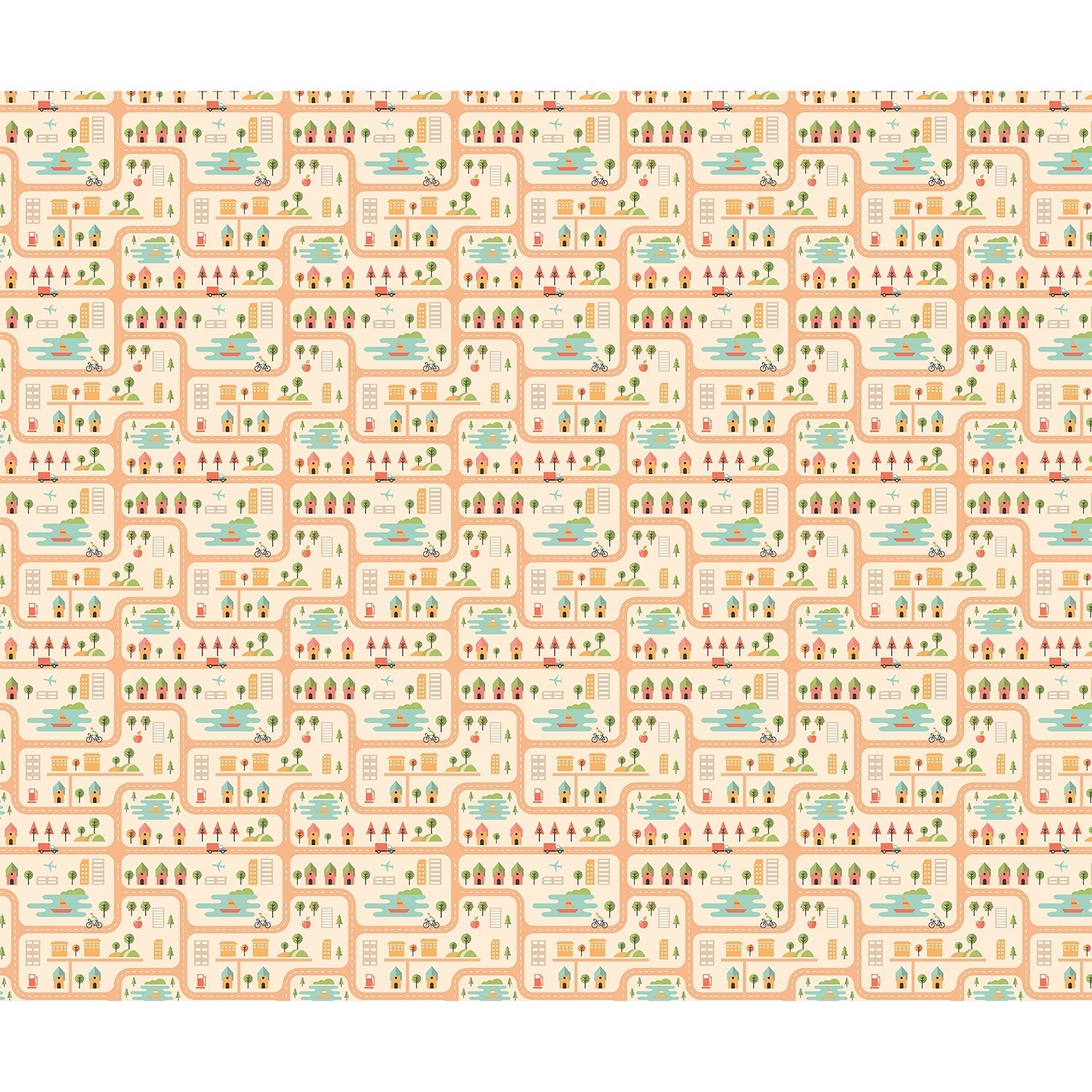 repeat-full-square Whimsical peach townhouses with trees and gardens in repeating geometric nursery pattern - view 7 - final