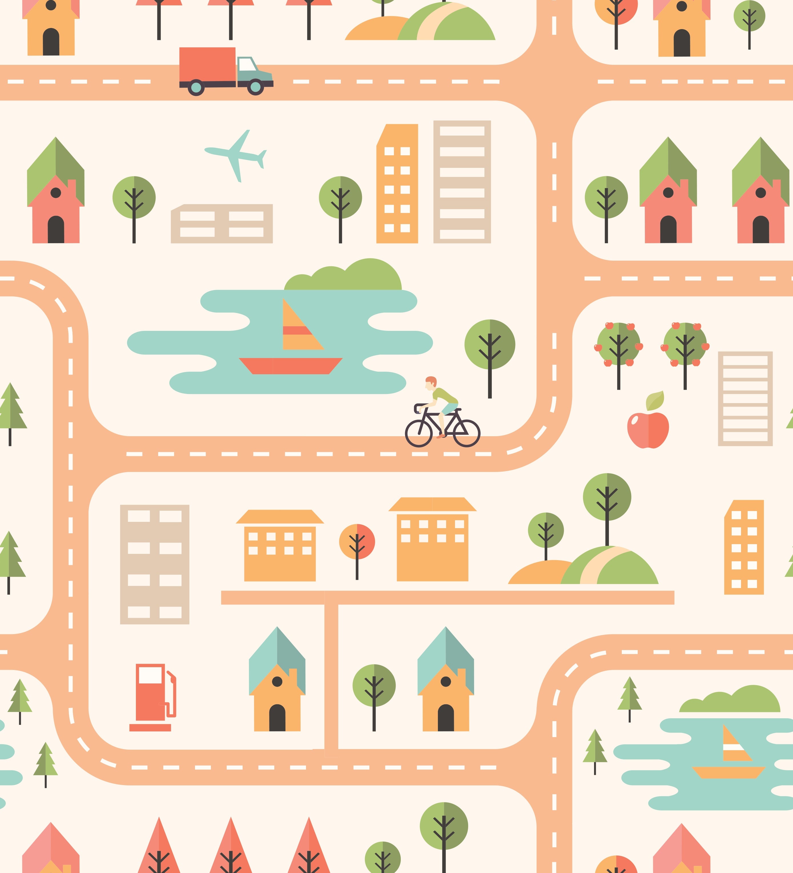 Whimsical peach townhouses with trees and gardens in repeating geometric nursery pattern - view 8 - repeat-original - final