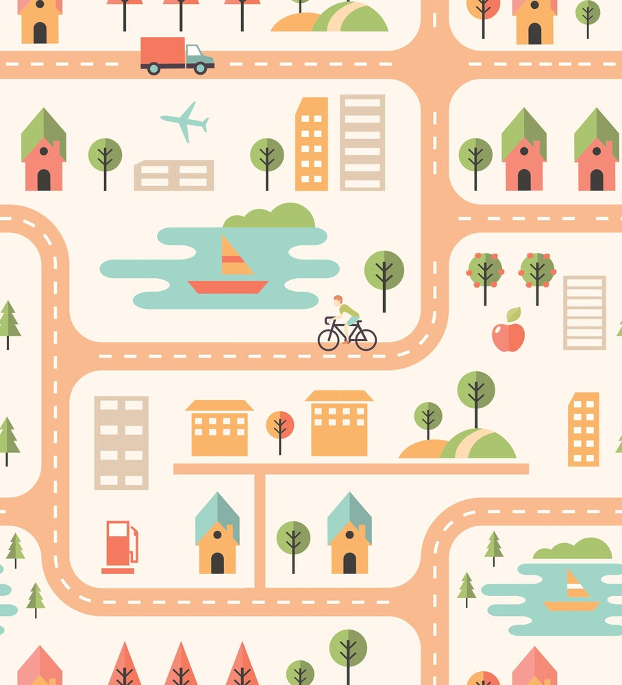 Whimsical peach townhouses with trees and gardens in repeating geometric nursery pattern - view 9 - repeat-small - final