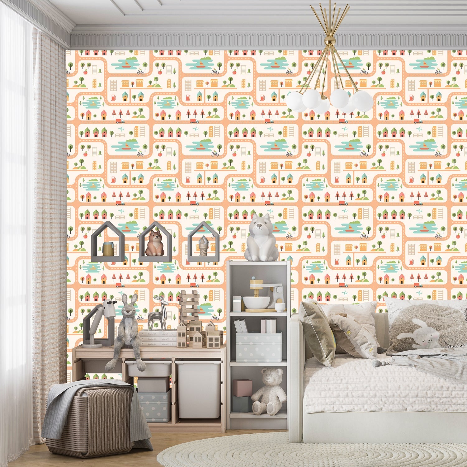 Whimsical peach townhouses with trees and gardens in repeating geometric nursery pattern - final kids-room