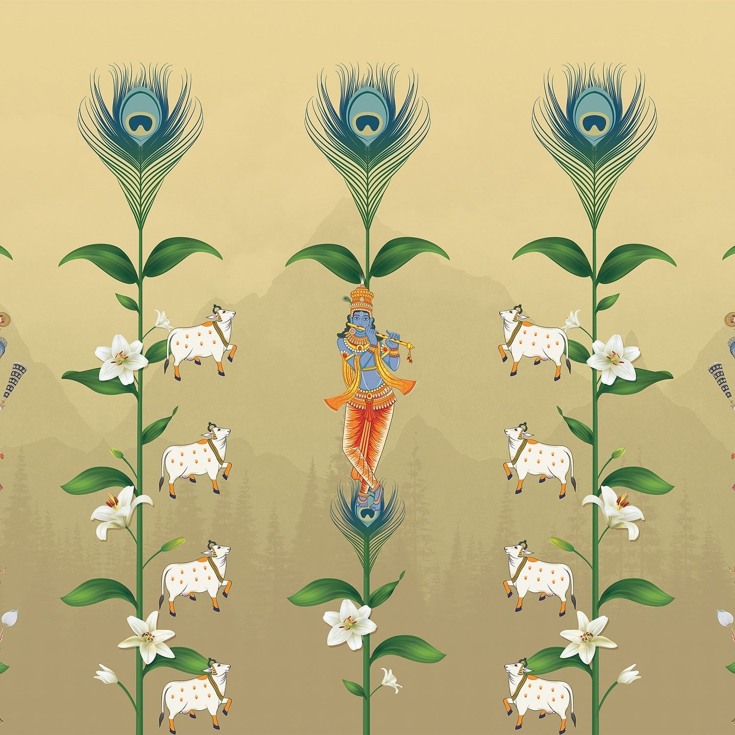 Teal wall with repeating peacock feathers, sacred cows and lotus flowers in Pichwai style - view 12 - final