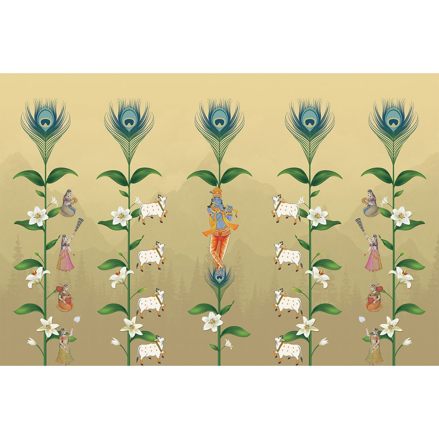 "Madhav Divine Krishna illustration in lea - religion wallpaper mural-equal final"