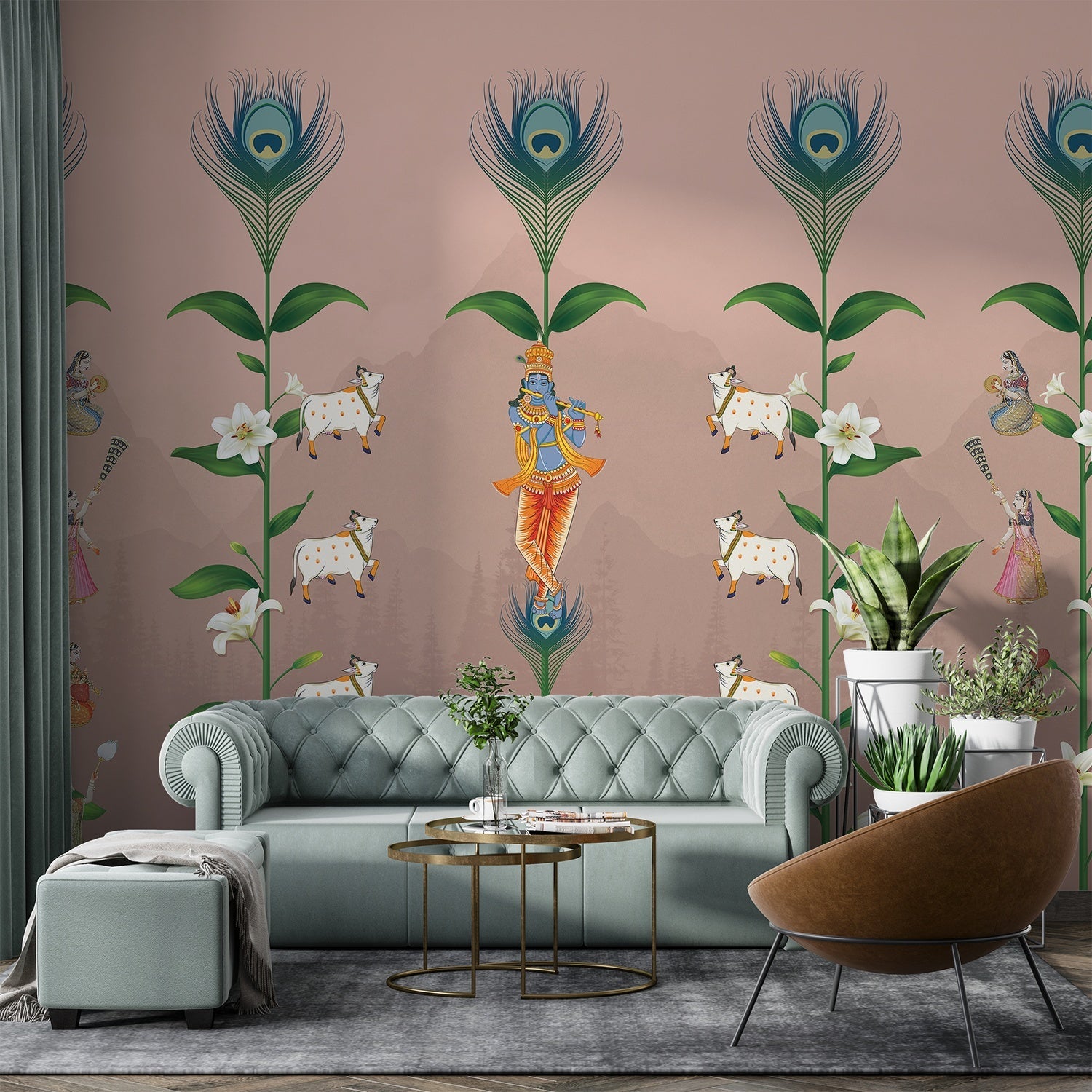 Teal wall with repeating peacock feathers, sacred cows and lotus flowers in Pichwai style - view 15 - final