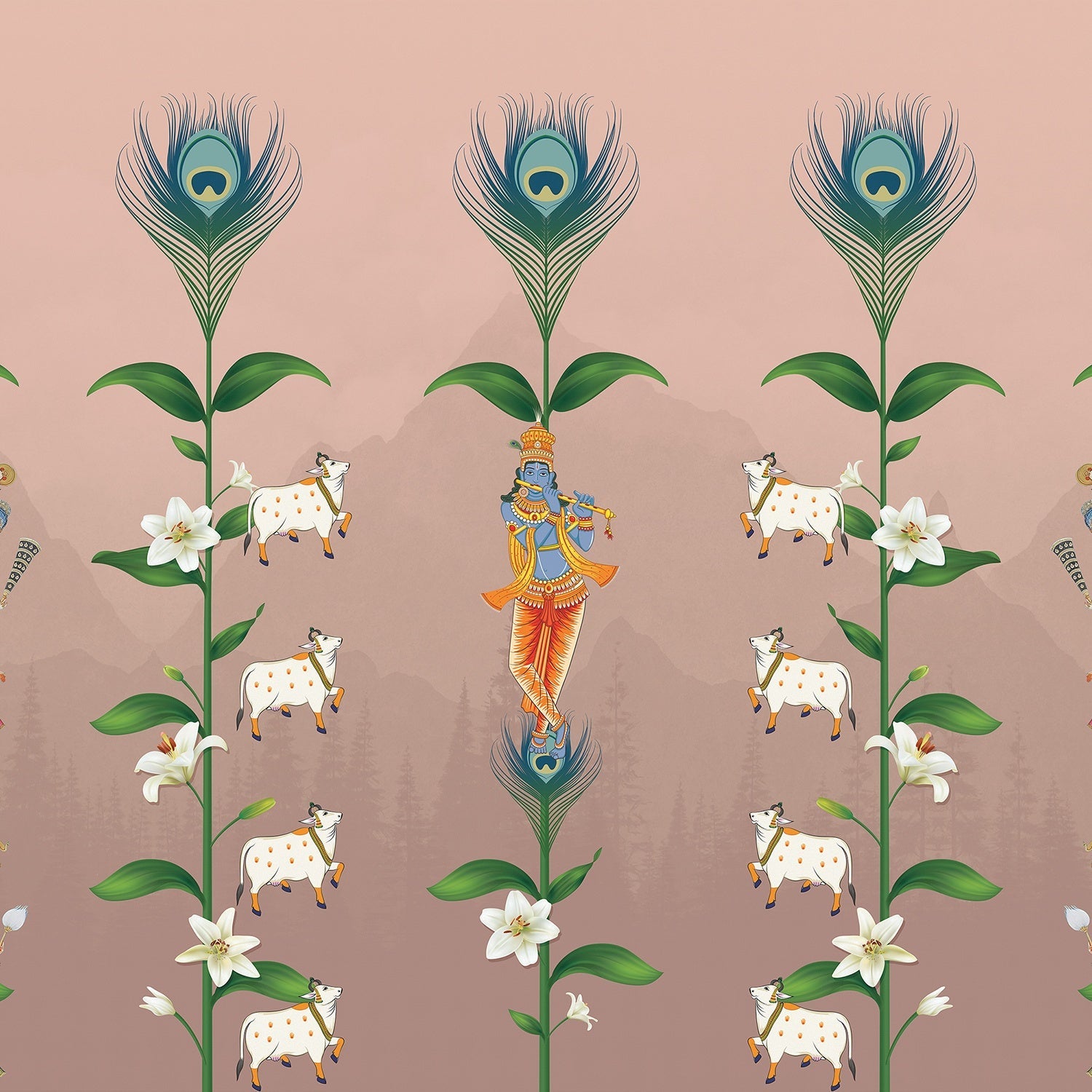 Teal wall with repeating peacock feathers, sacred cows and lotus flowers in Pichwai style - view 16 - final