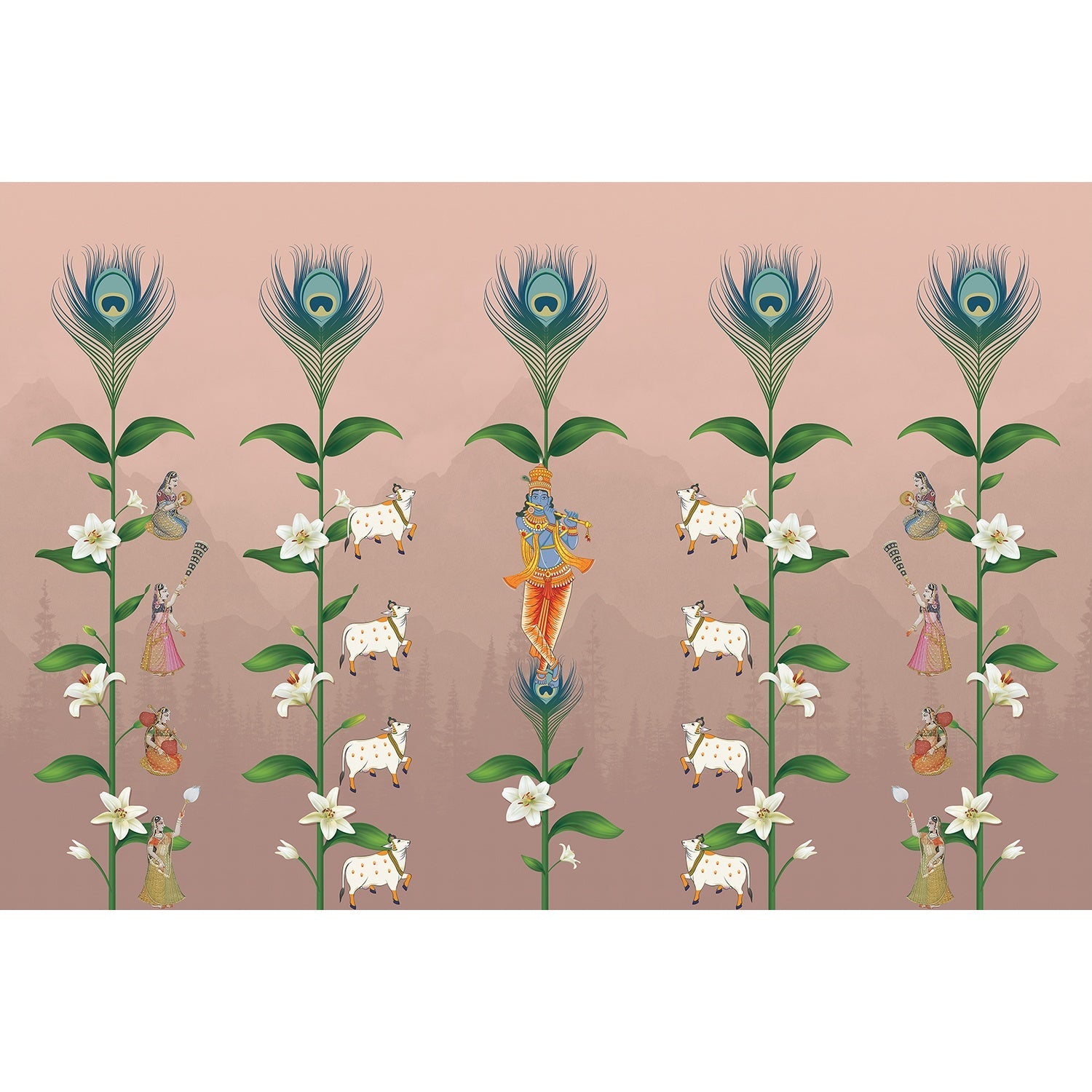 "Madhav Divine Krishna illustration in lea - religion wallpaper mural-equal final"