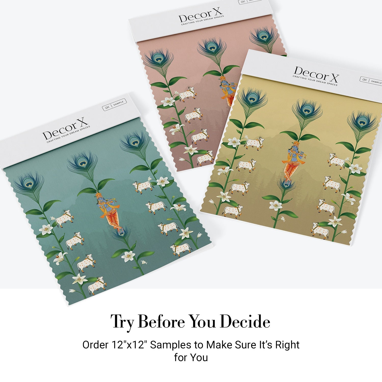 Teal wall with repeating peacock feathers, sacred cows and lotus flowers in Pichwai style - view 19 - final all-groups samples