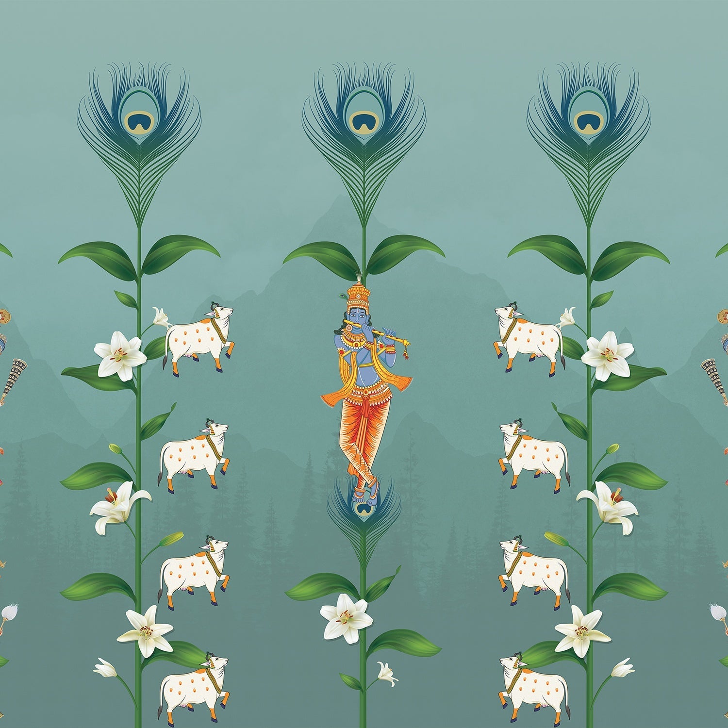 Teal wall with repeating peacock feathers, sacred cows and lotus flowers in Pichwai style - view 2 - final