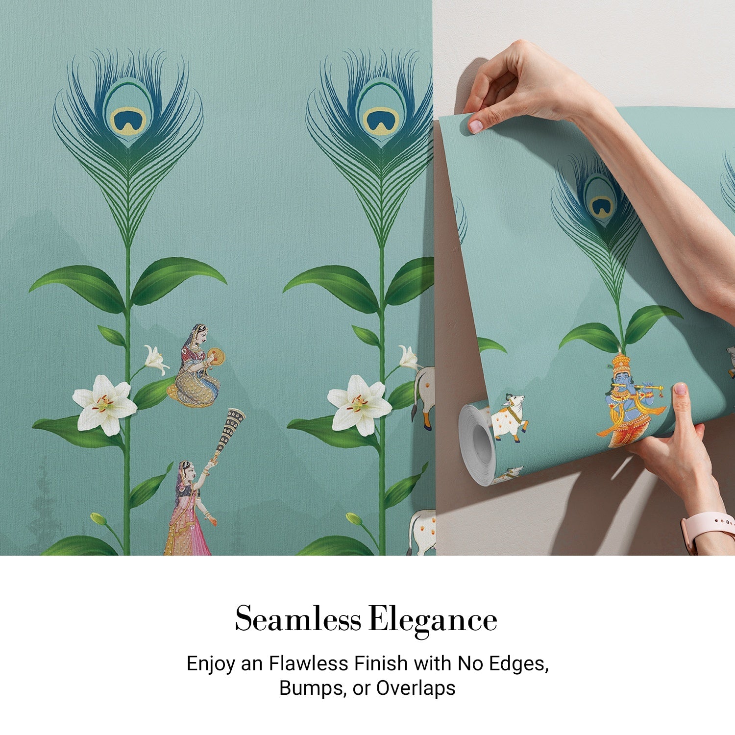 Teal wall with repeating peacock feathers, sacred cows and lotus flowers in Pichwai style - view 3 - final