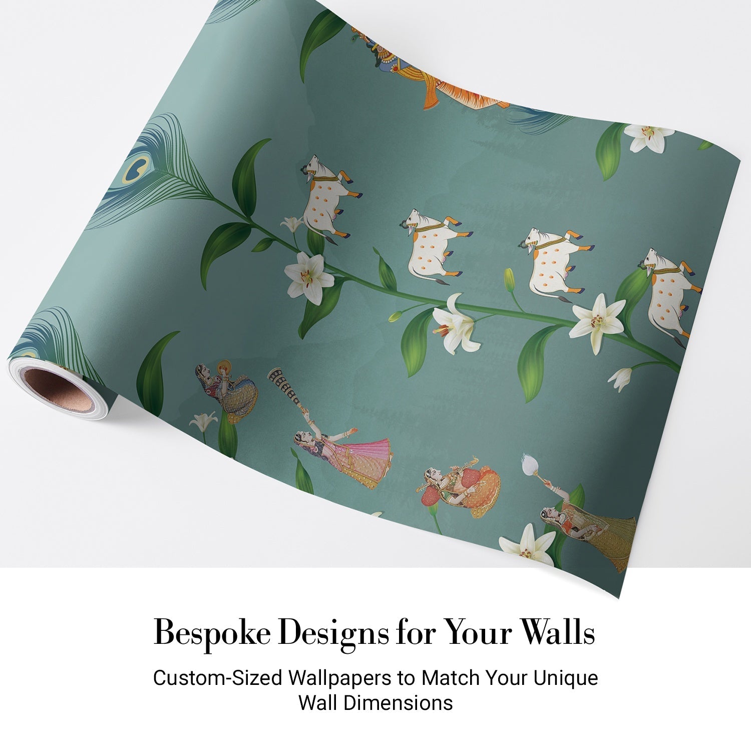 Teal wall with repeating peacock feathers, sacred cows and lotus flowers in Pichwai style - view 4 - final