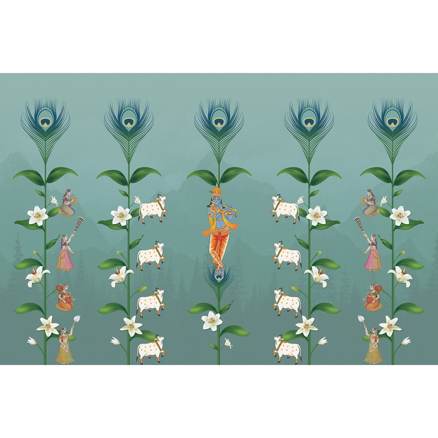 "Madhav Divine Krishna illustration in lea - religion wallpaper mural-equal final"