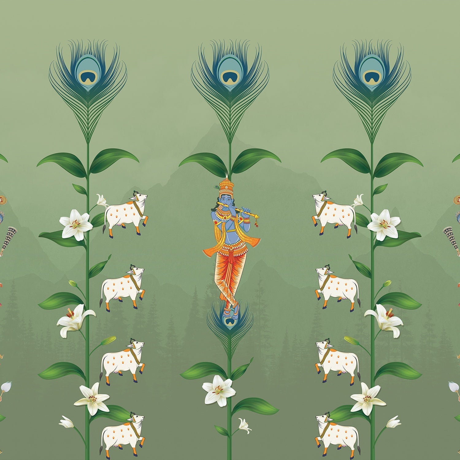 Teal wall with repeating peacock feathers, sacred cows and lotus flowers in Pichwai style - view 8 - final