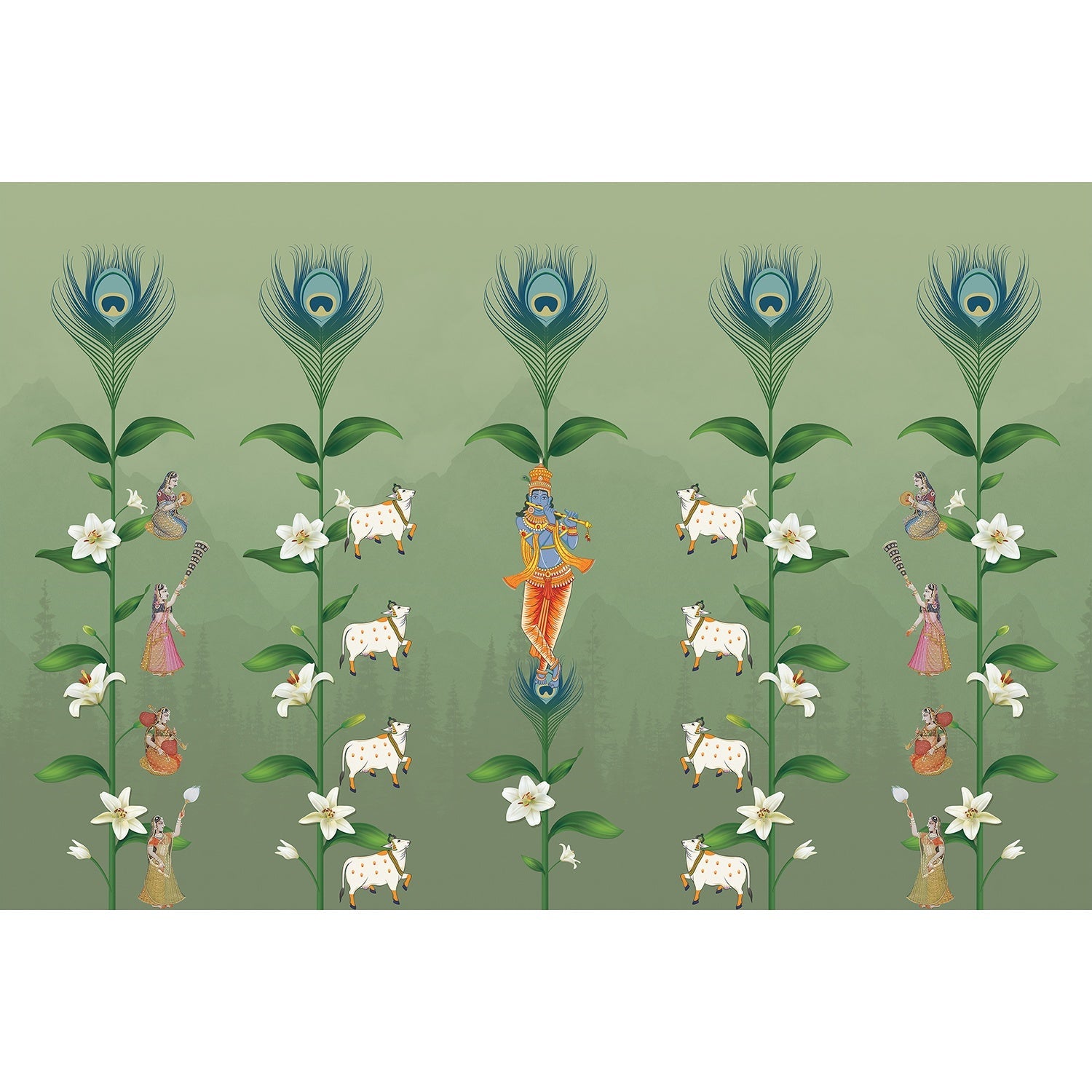 "Madhav Divine Krishna illustration in lea - religion wallpaper mural-equal final"