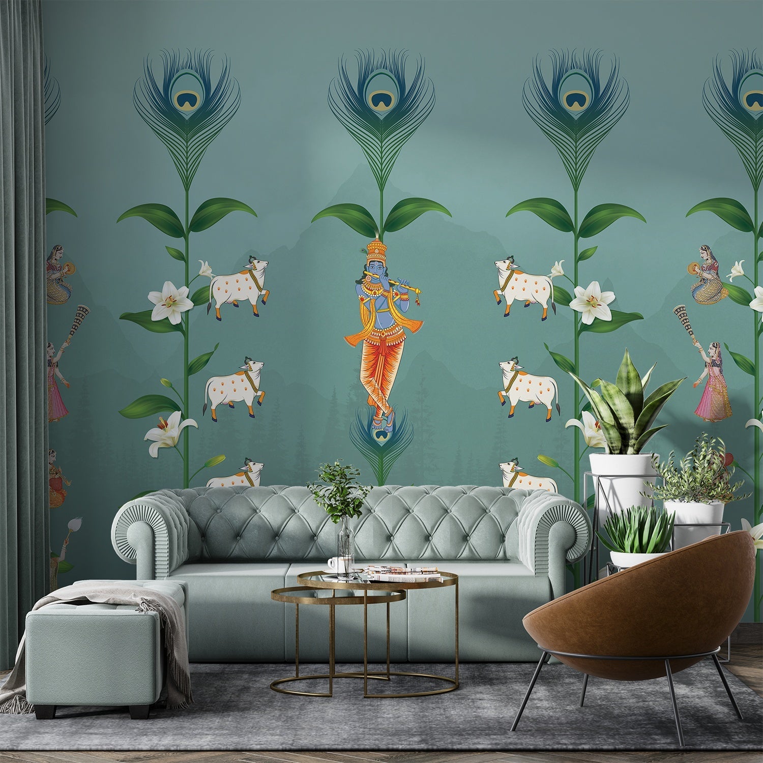 Teal wall with repeating peacock feathers, sacred cows and lotus flowers in Pichwai style - final living-room