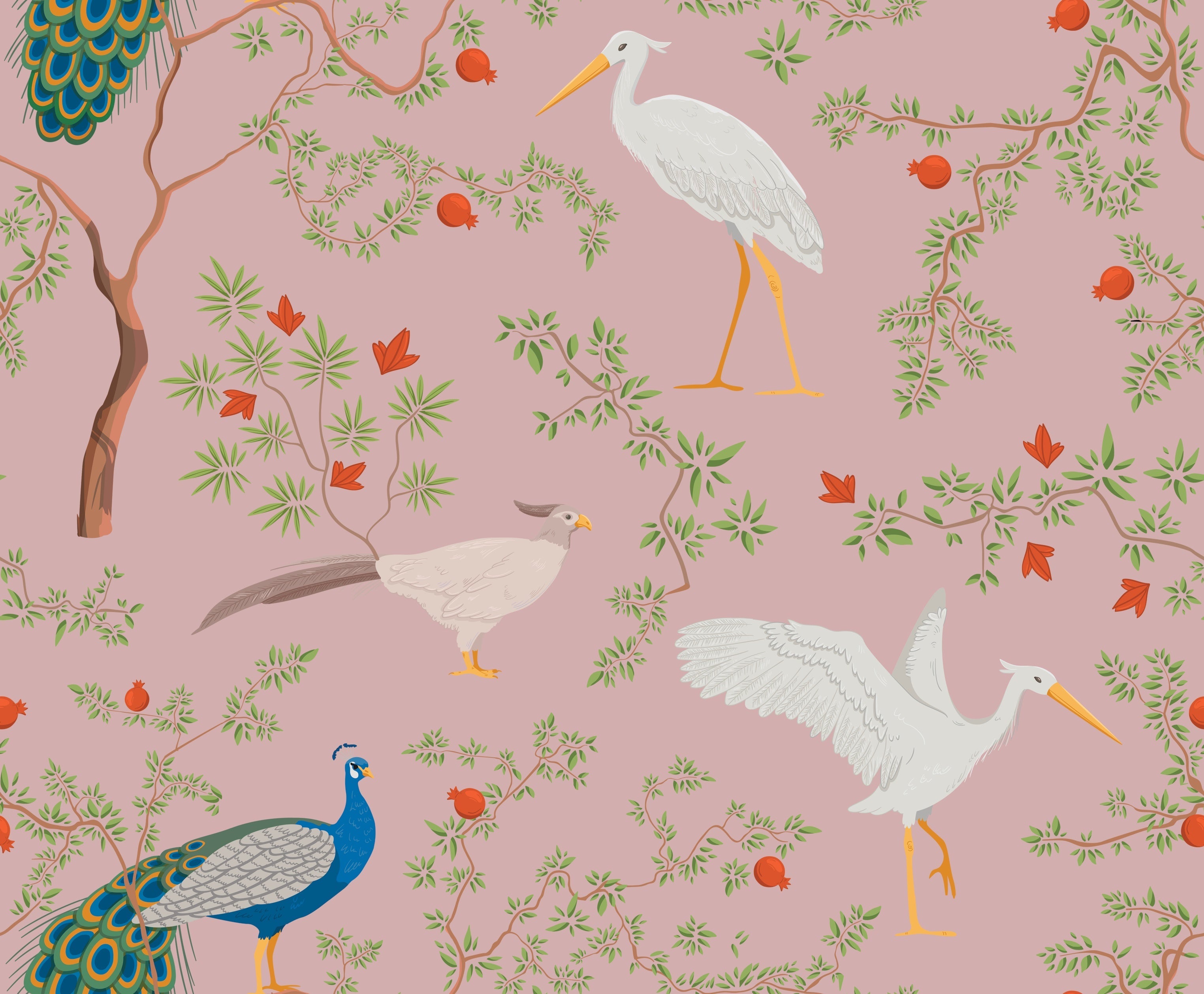 Elegant peacocks and delicate floral branches on cream background in vintage botanical style - view 10 - repeat-original - final