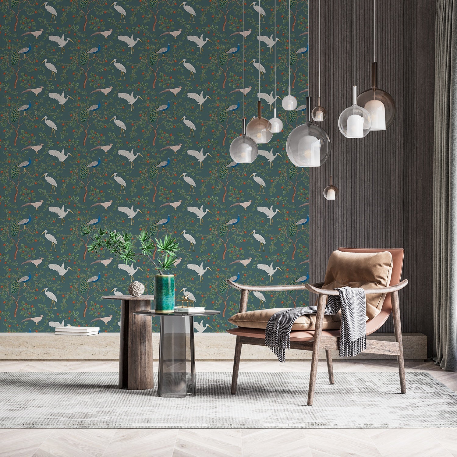 Elegant peacocks and delicate floral branches on cream background in vintage botanical style - view 13 - final