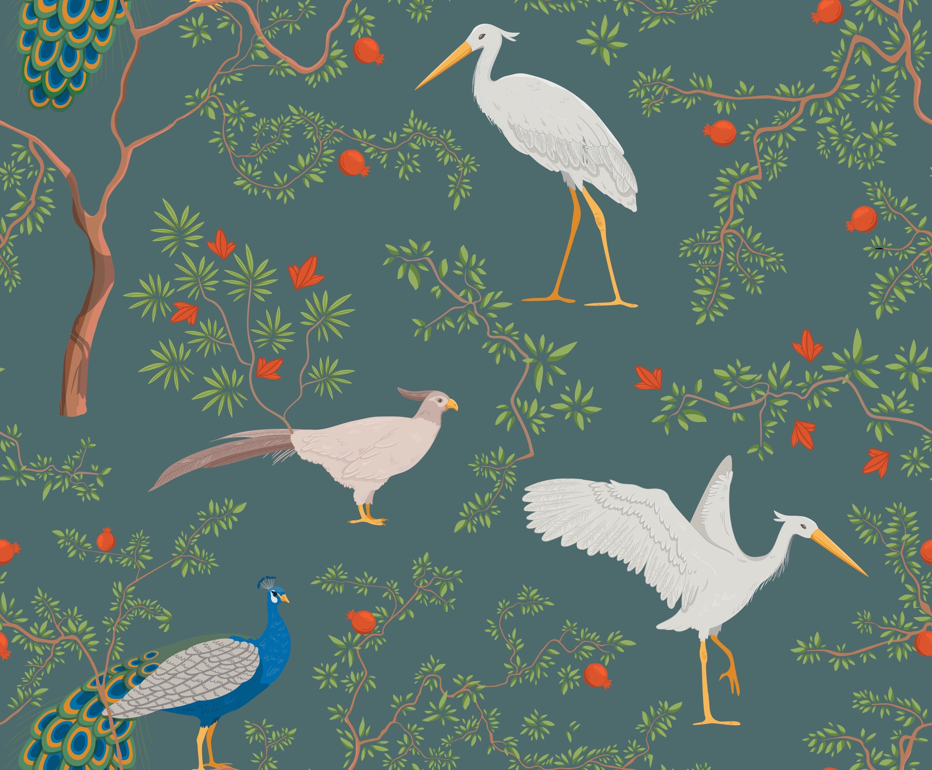 Elegant peacocks and delicate floral branches on cream background in vintage botanical style - view 16 - repeat-original - final