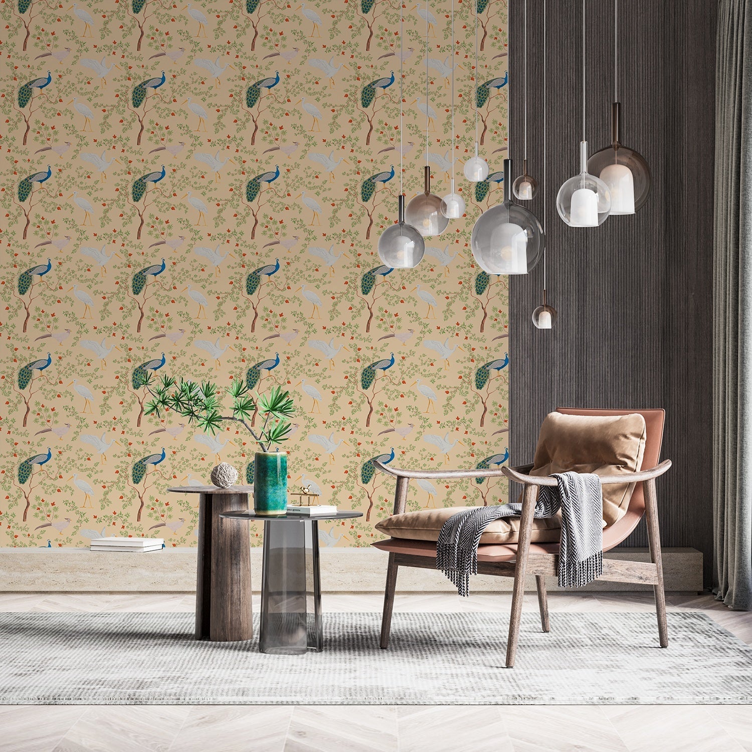 Elegant peacocks and delicate floral branches on cream background in vintage botanical style - view 18 - final