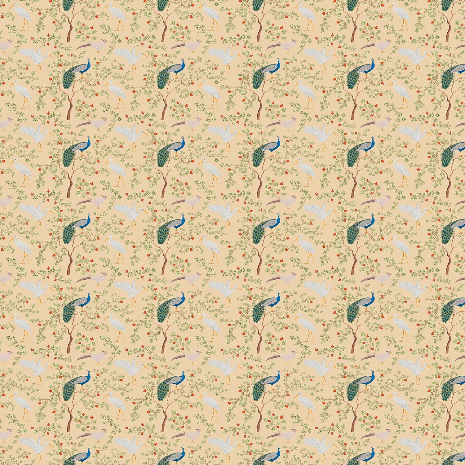 Elegant peacocks and delicate floral branches on cream background in vintage botanical style - view 19 - final