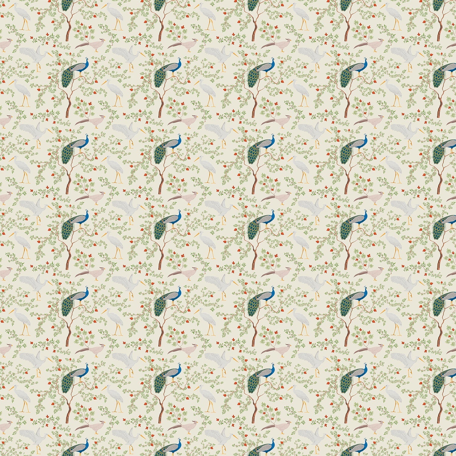 Elegant peacocks and delicate floral branches on cream background in vintage botanical style - view 2 - final