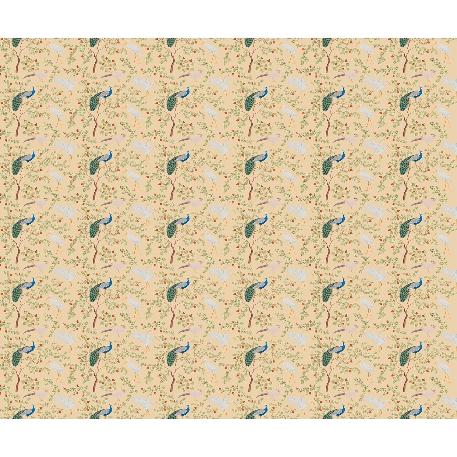 repeat-full-square Elegant peacocks and delicate floral branches on cream background in vintage botanical style - view 20 - final