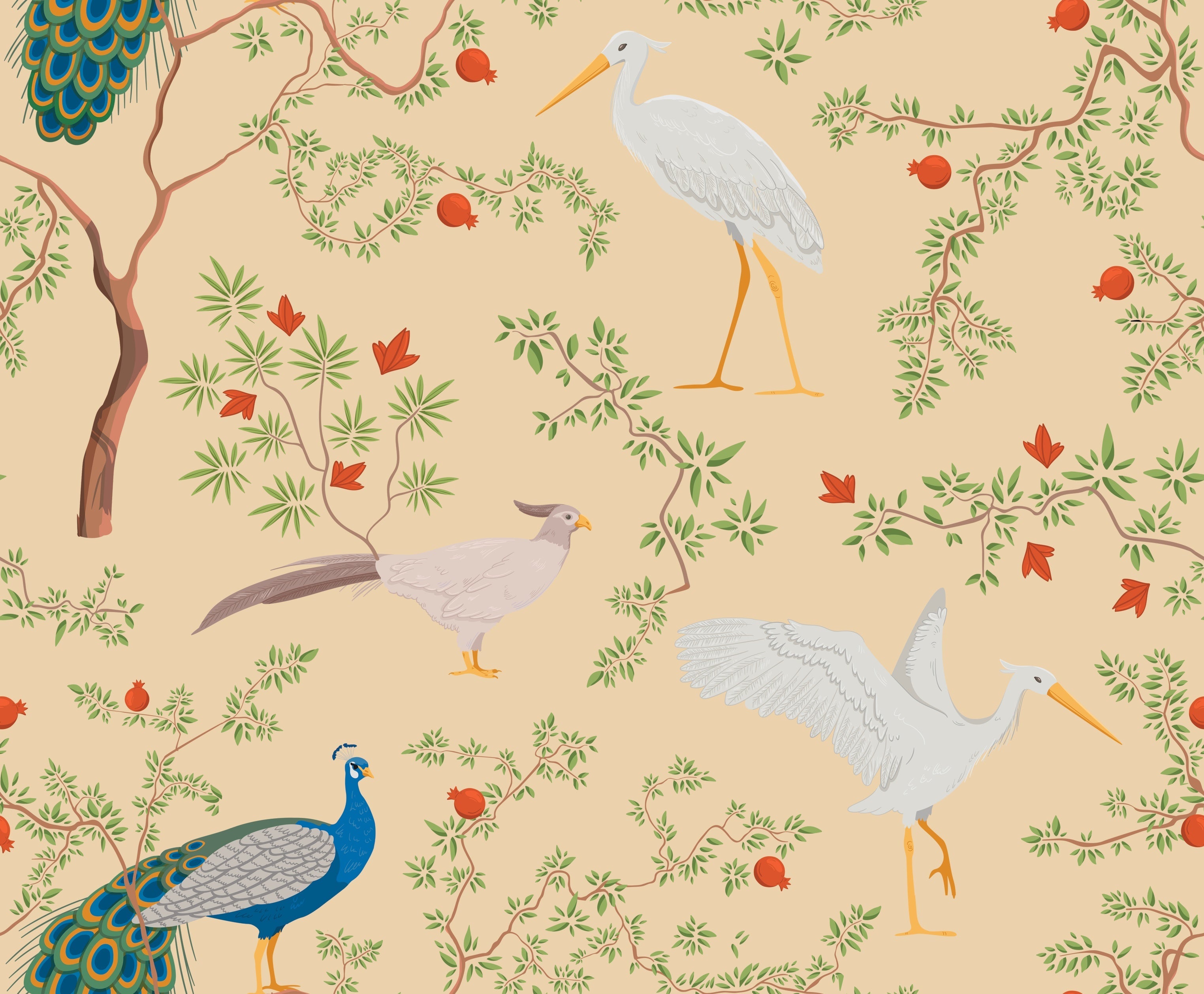 Elegant peacocks and delicate floral branches on cream background in vintage botanical style - view 21 - repeat-original - final