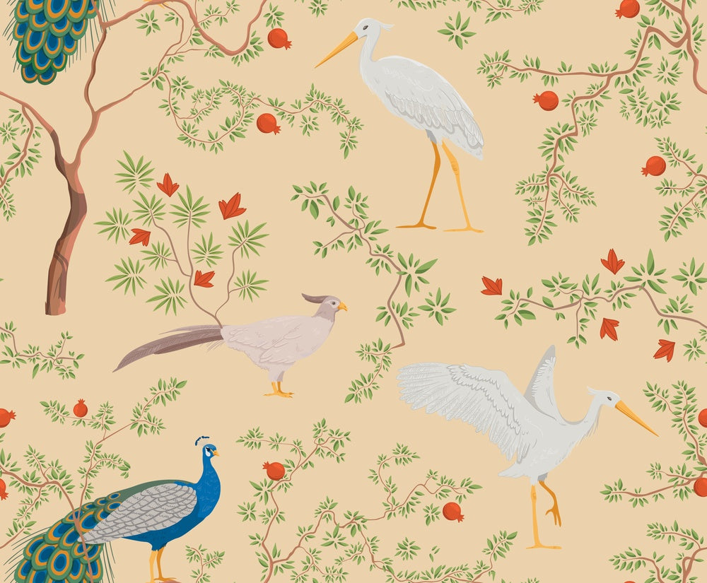 Elegant peacocks and delicate floral branches on cream background in vintage botanical style - view 22 - repeat-small - final