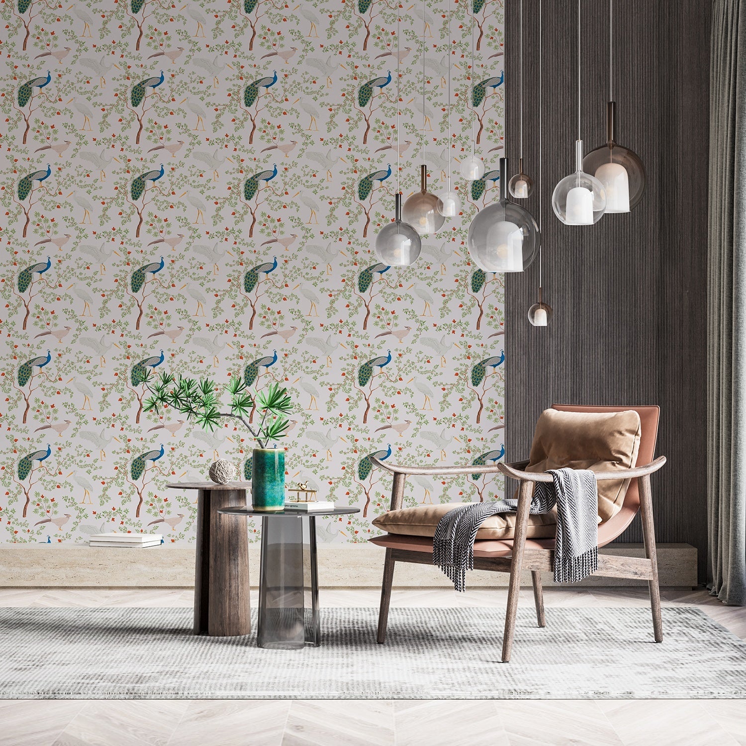 Elegant peacocks and delicate floral branches on cream background in vintage botanical style - view 23 - final