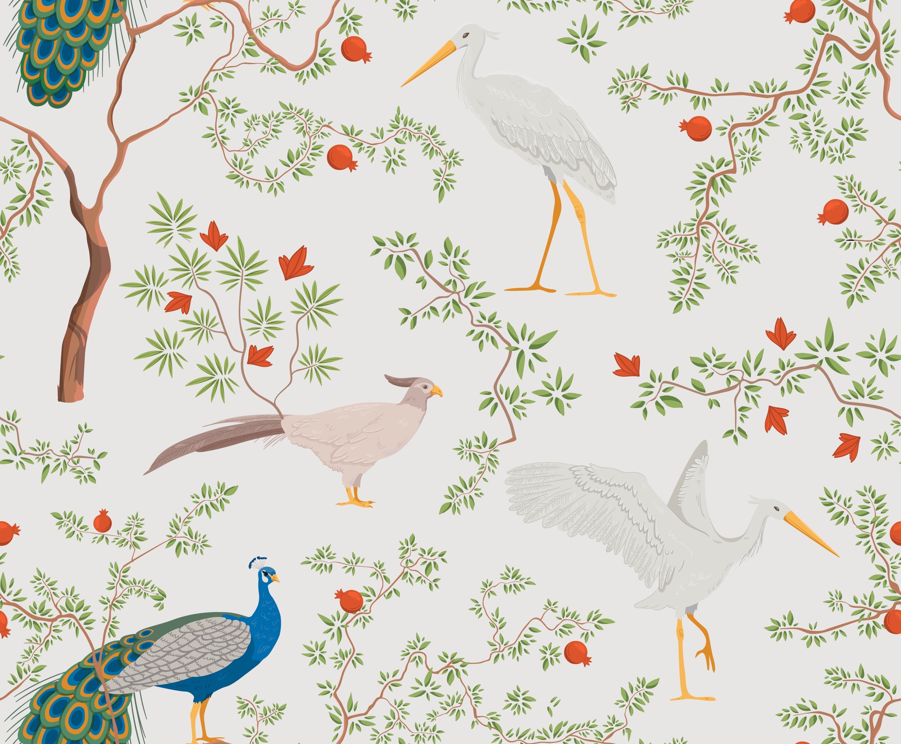 Elegant peacocks and delicate floral branches on cream background in vintage botanical style - view 26 - repeat-original - final