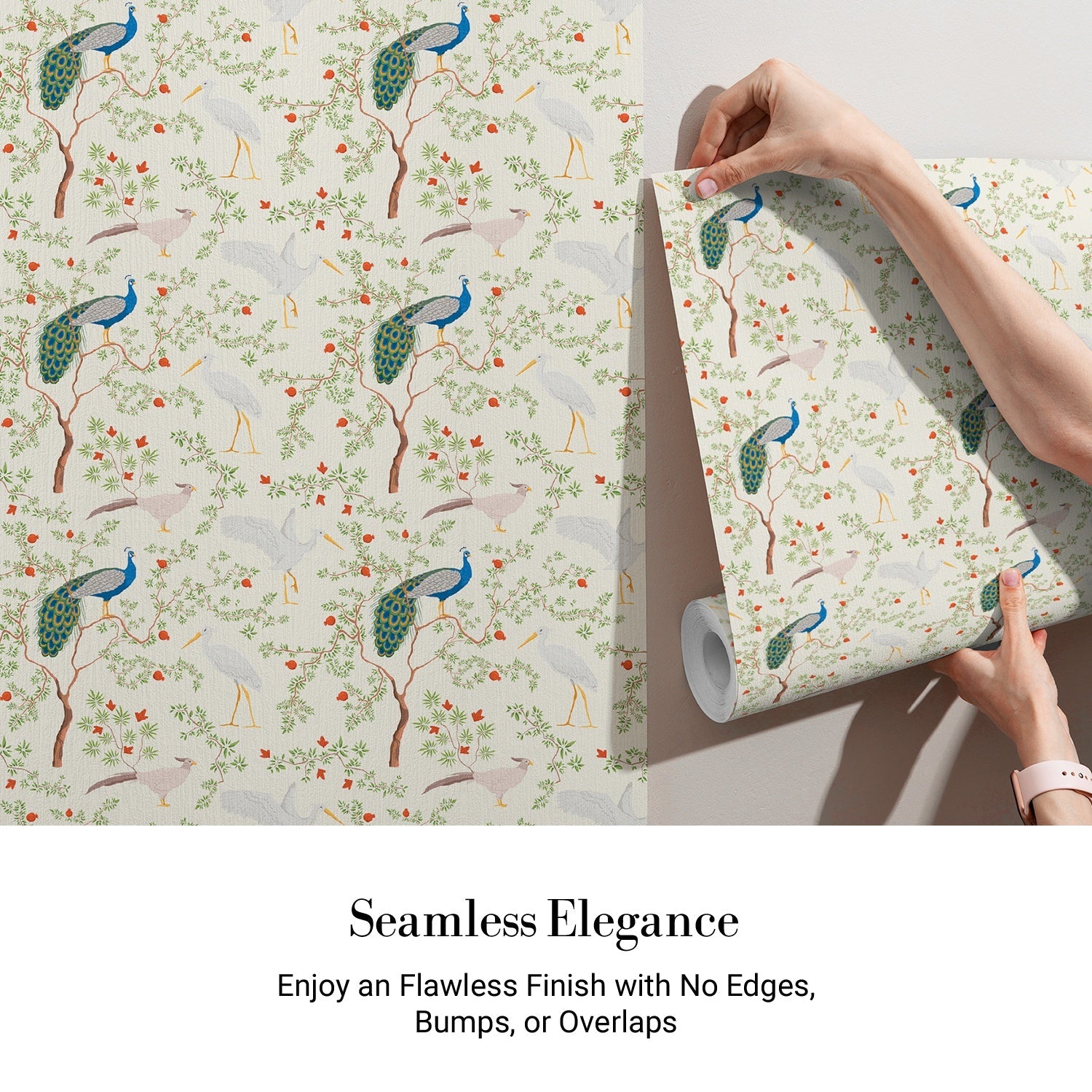 Elegant peacocks and delicate floral branches on cream background in vintage botanical style - view 3 - final