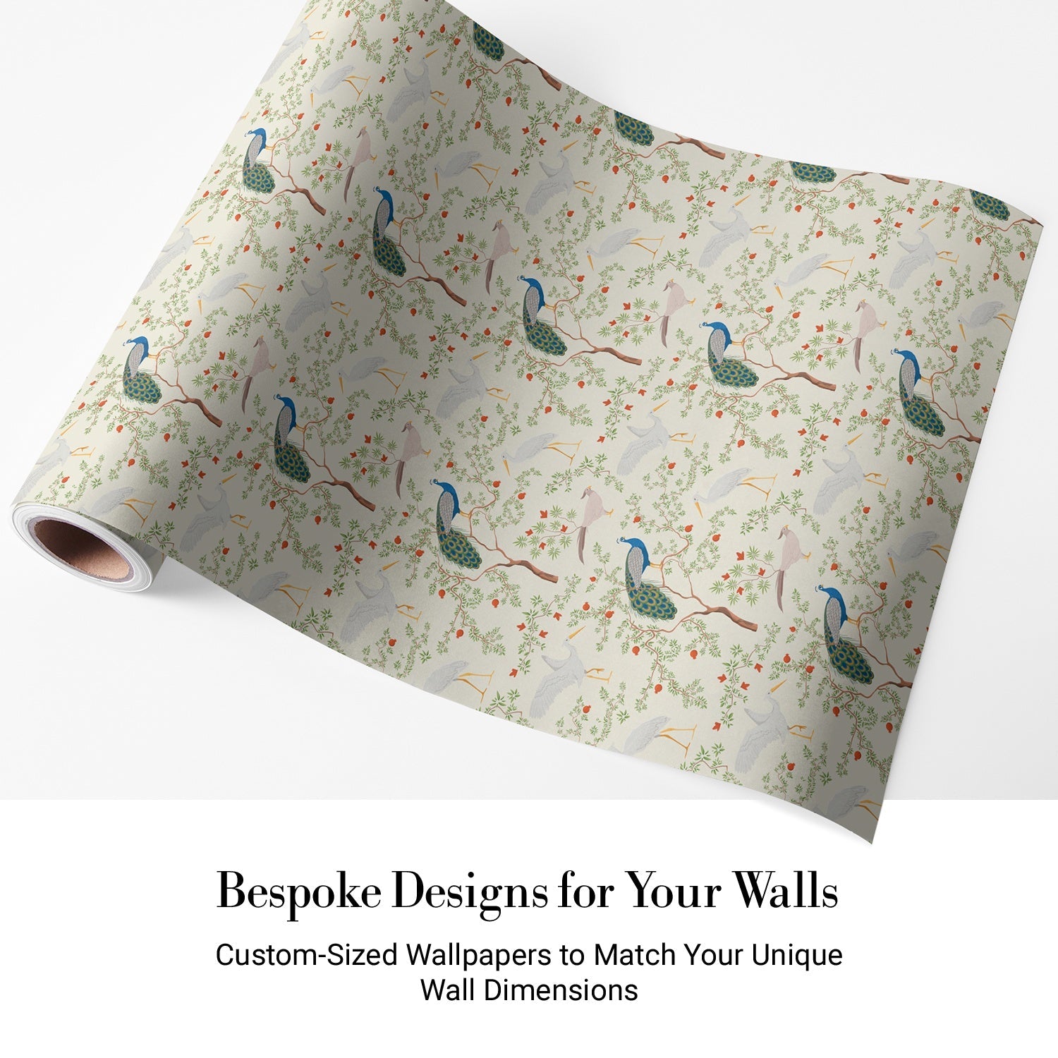 Elegant peacocks and delicate floral branches on cream background in vintage botanical style - view 4 - final