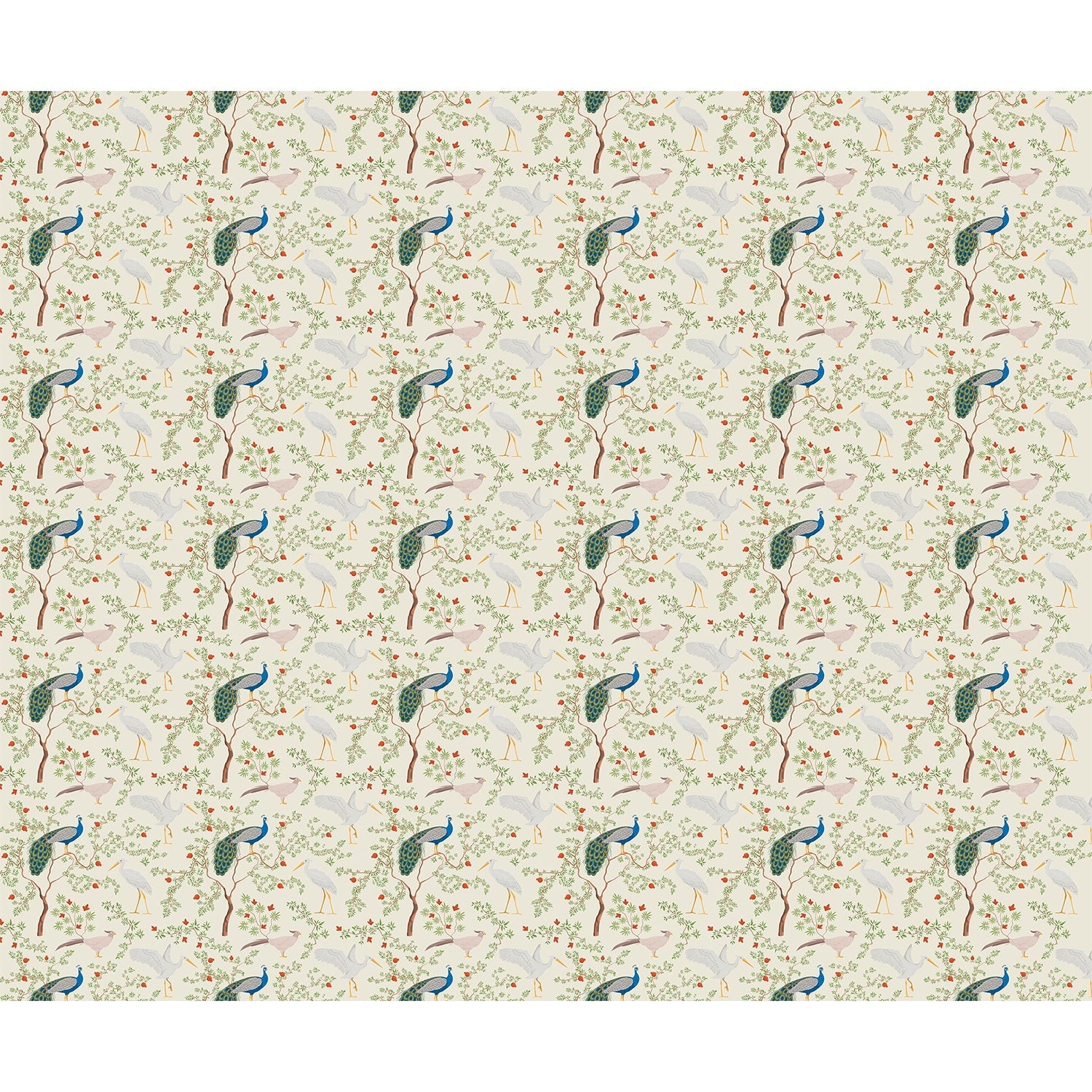 Elegant peacocks and delicate floral branches on cream background in vintage botanical style - view 5 - repeat-full-square - final