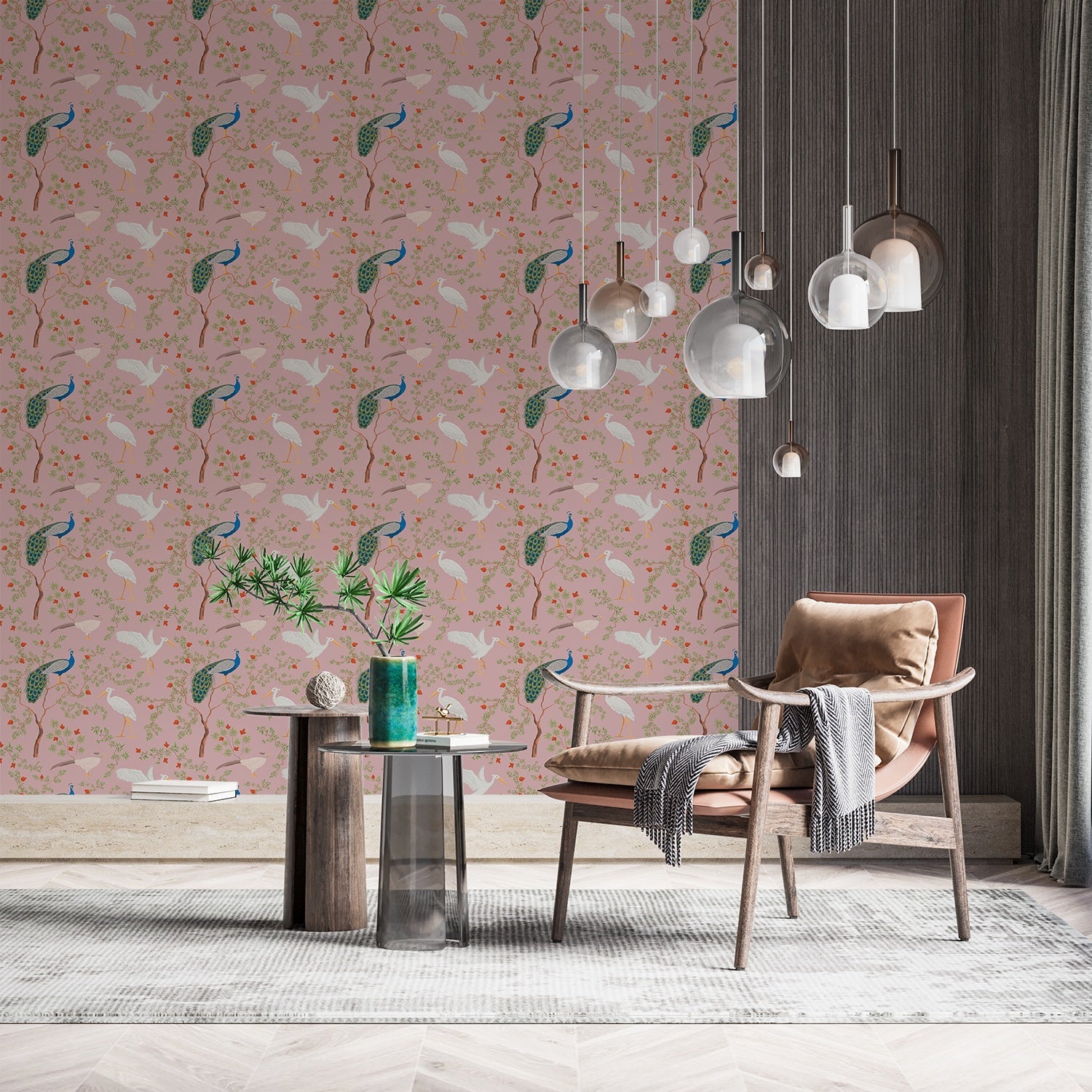 Elegant peacocks and delicate floral branches on cream background in vintage botanical style - view 8 - final