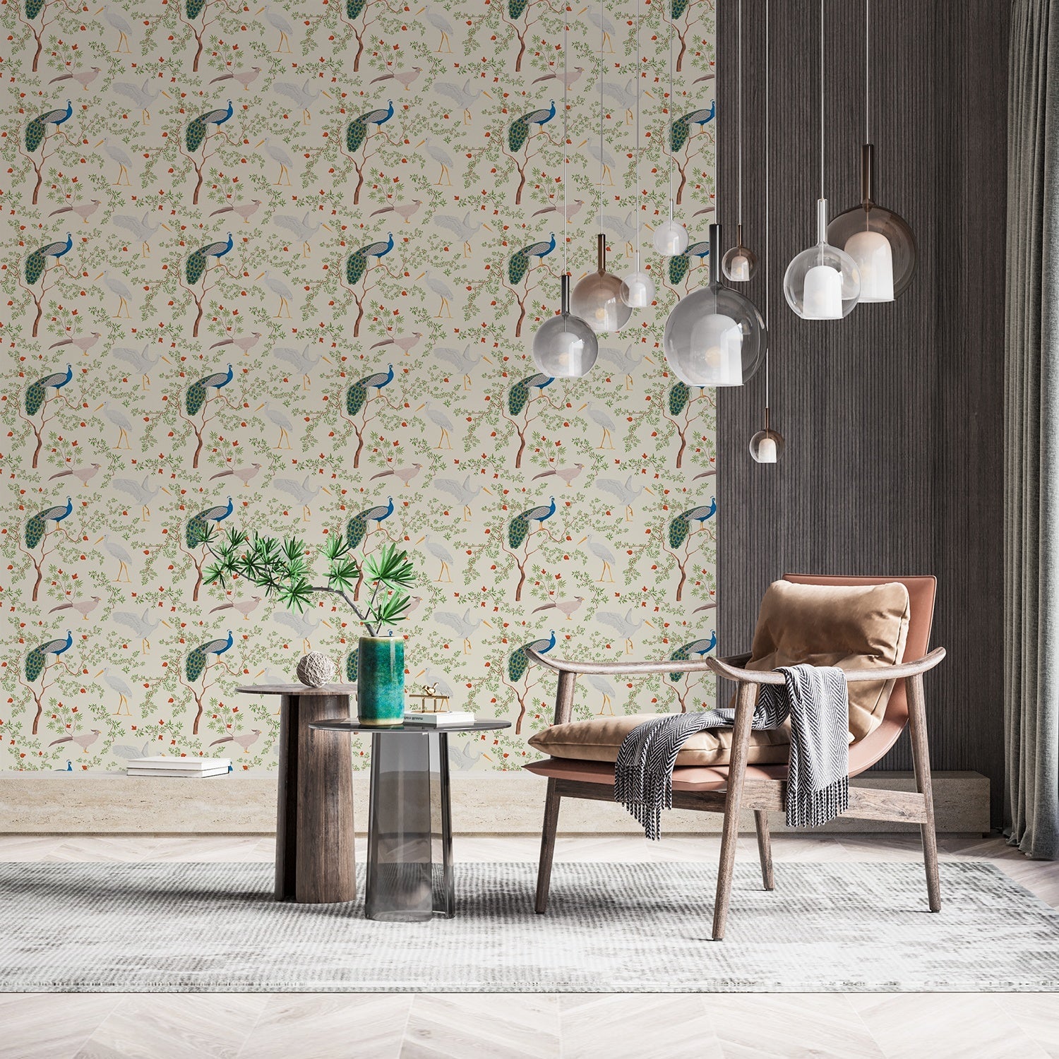 Elegant peacocks and delicate floral branches on cream background in vintage botanical style - final hobby-room