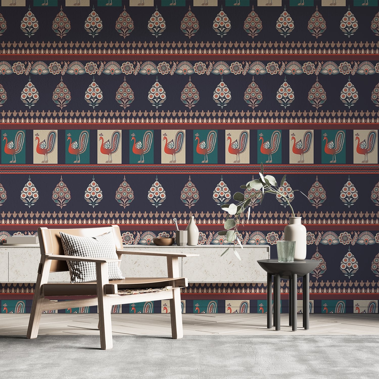 Repeating rows of blue peacocks and paisley motifs in soft gray traditional style - view 11 - final