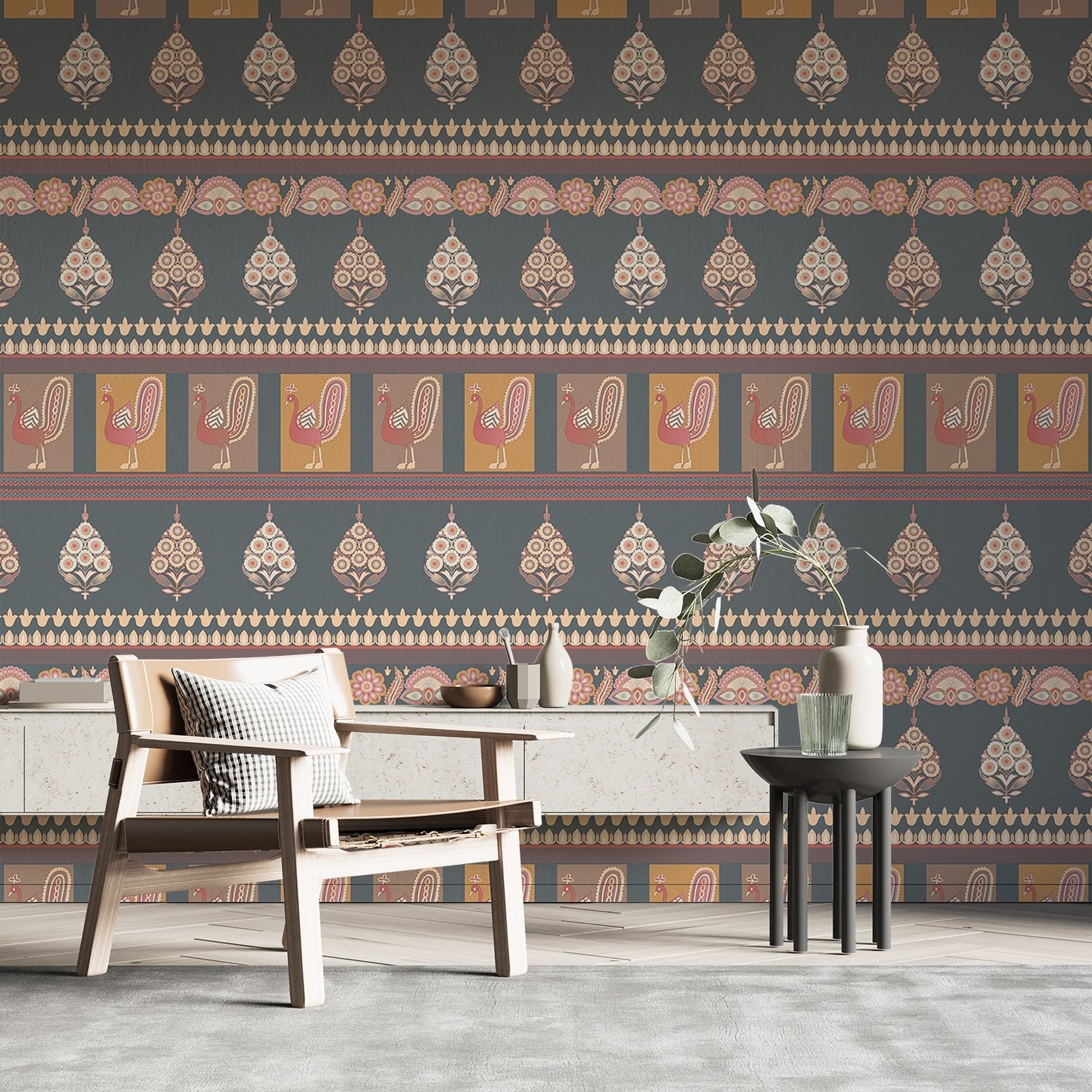 Repeating rows of blue peacocks and paisley motifs in soft gray traditional style - view 15 - final