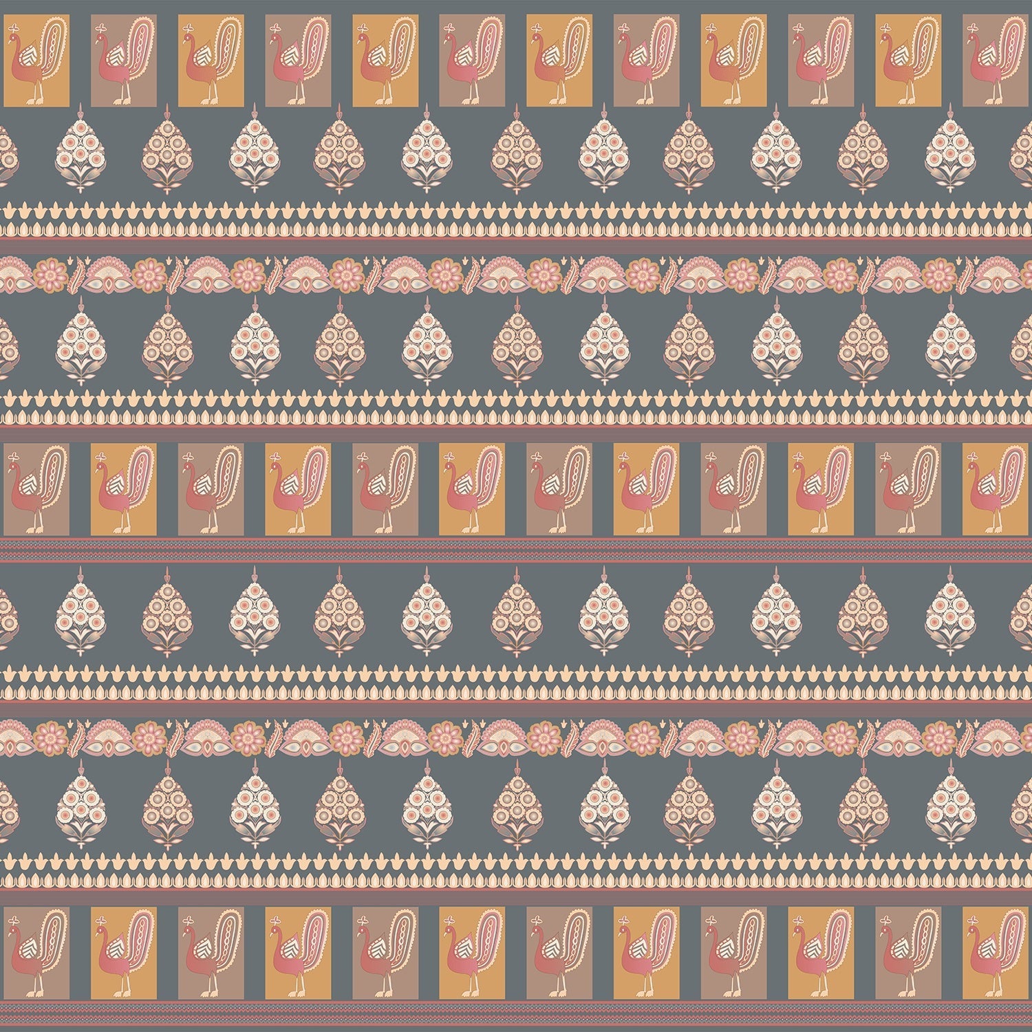 Repeating rows of blue peacocks and paisley motifs in soft gray traditional style - view 16 - final