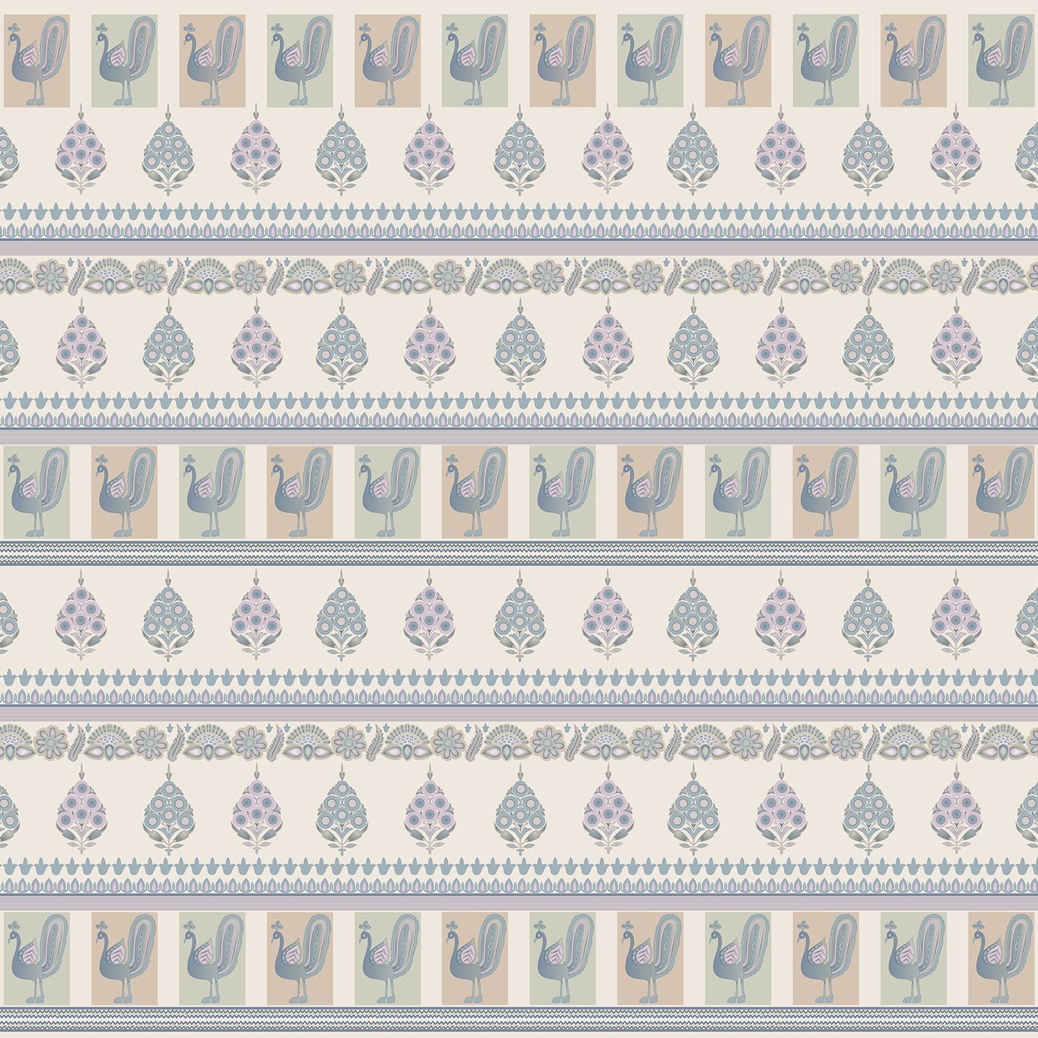 Repeating rows of blue peacocks and paisley motifs in soft gray traditional style - view 2 - final