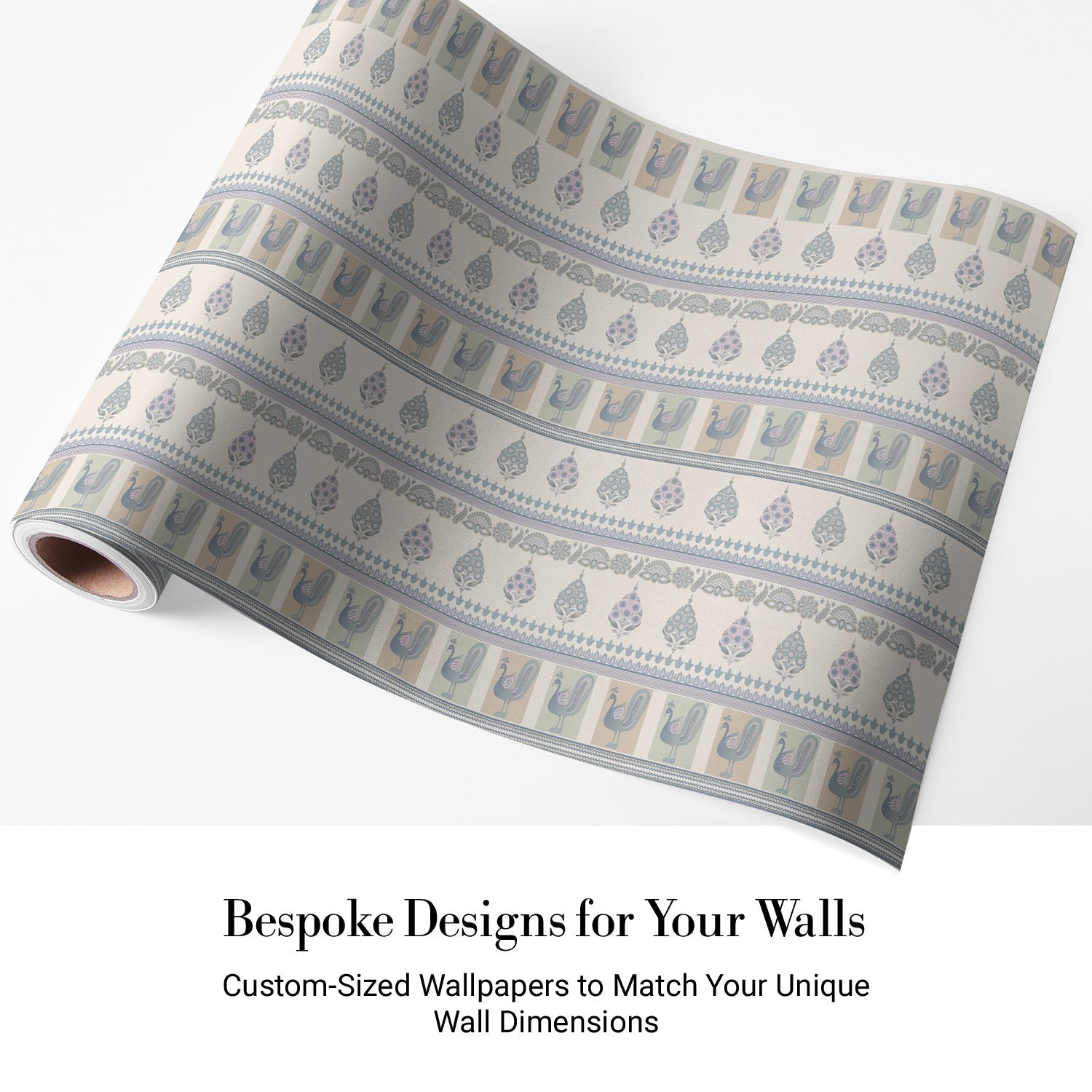 Repeating rows of blue peacocks and paisley motifs in soft gray traditional style - view 4 - final