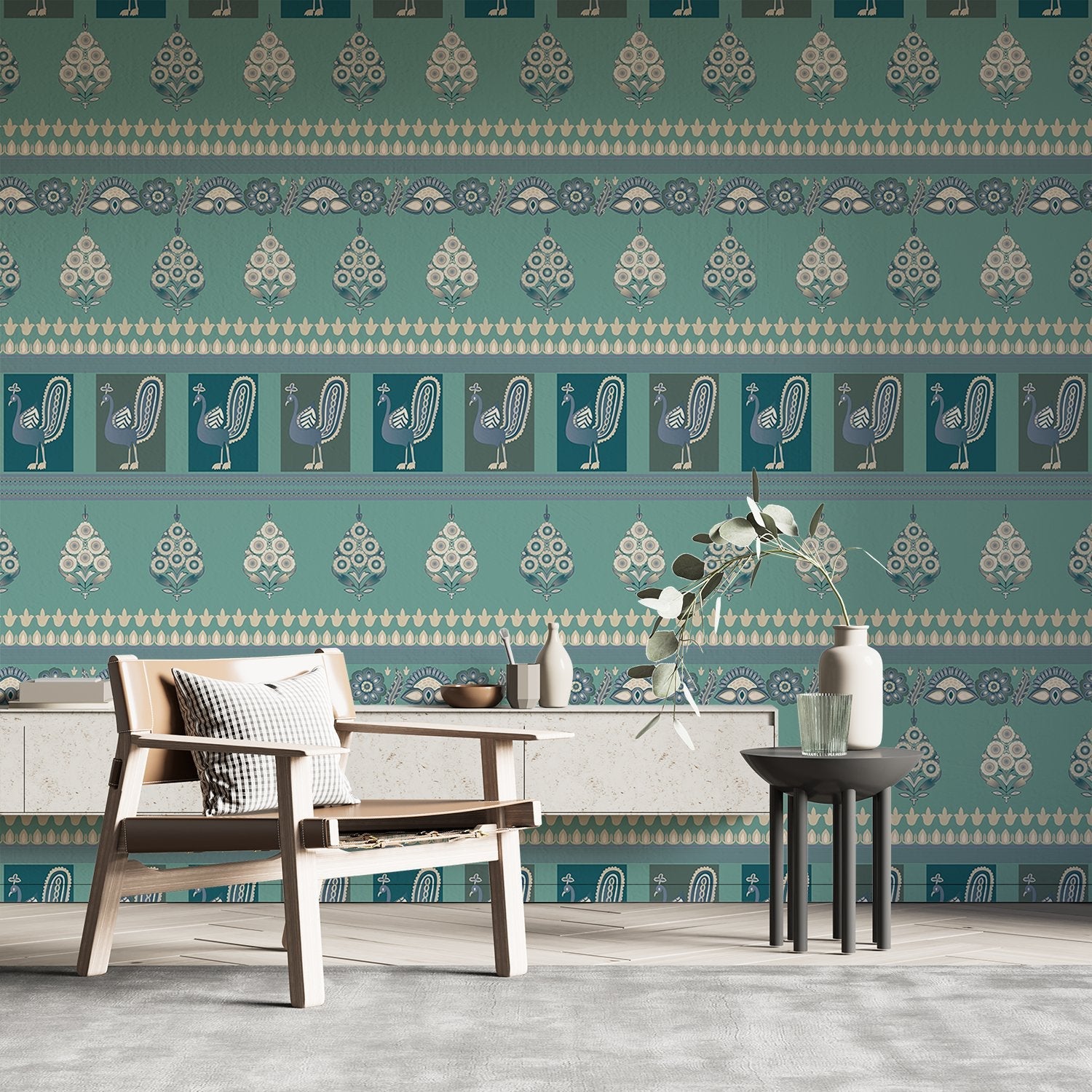 Repeating rows of blue peacocks and paisley motifs in soft gray traditional style - view 7 - final