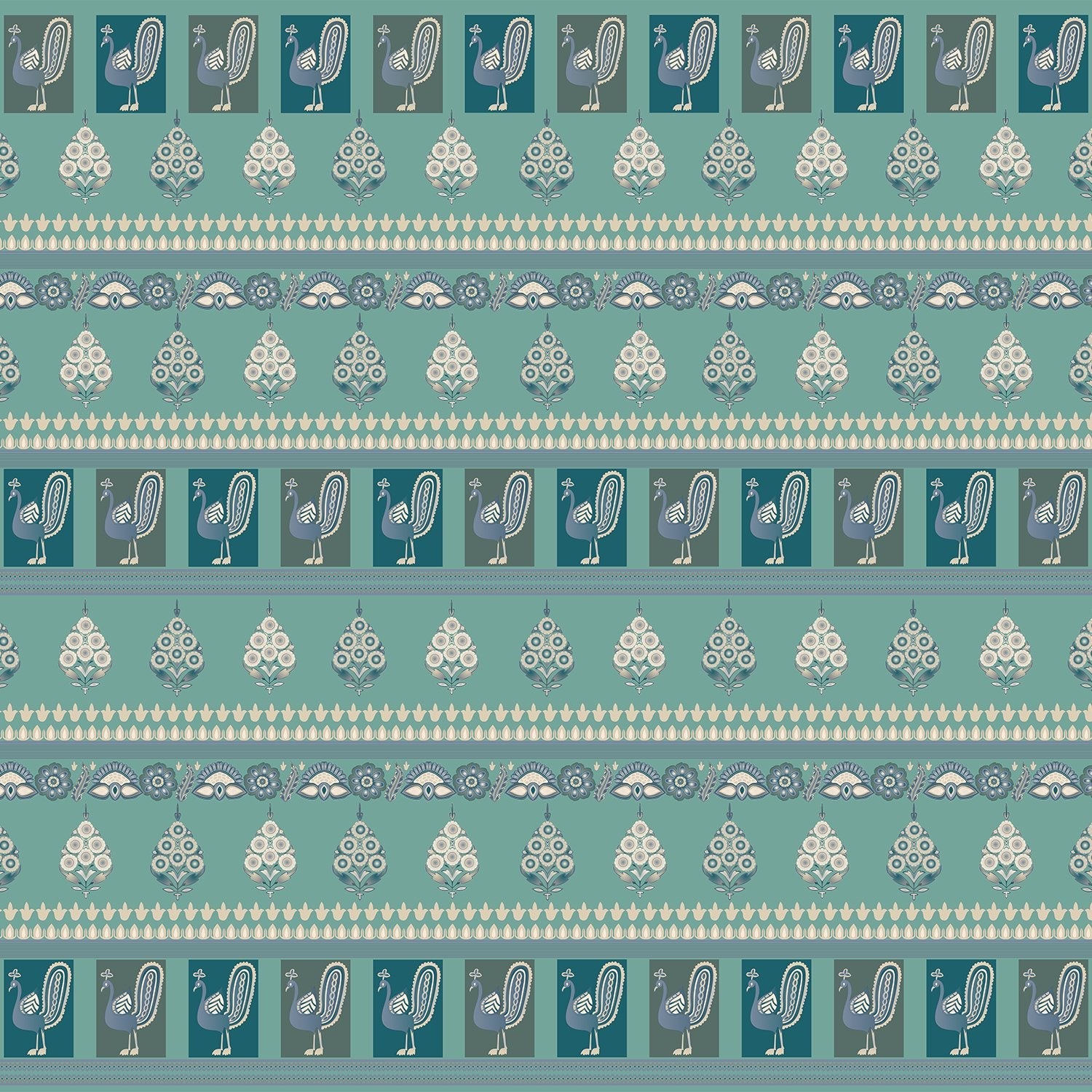 Repeating rows of blue peacocks and paisley motifs in soft gray traditional style - view 8 - final