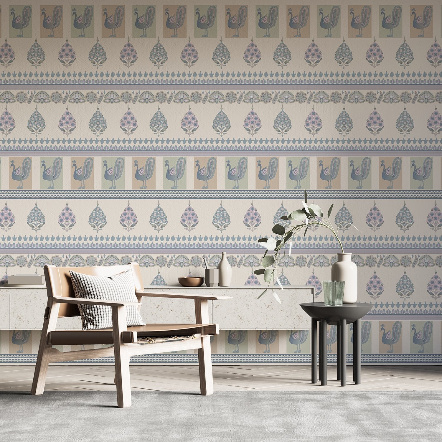 Repeating rows of blue peacocks and paisley motifs in soft gray traditional style - final hobby-room